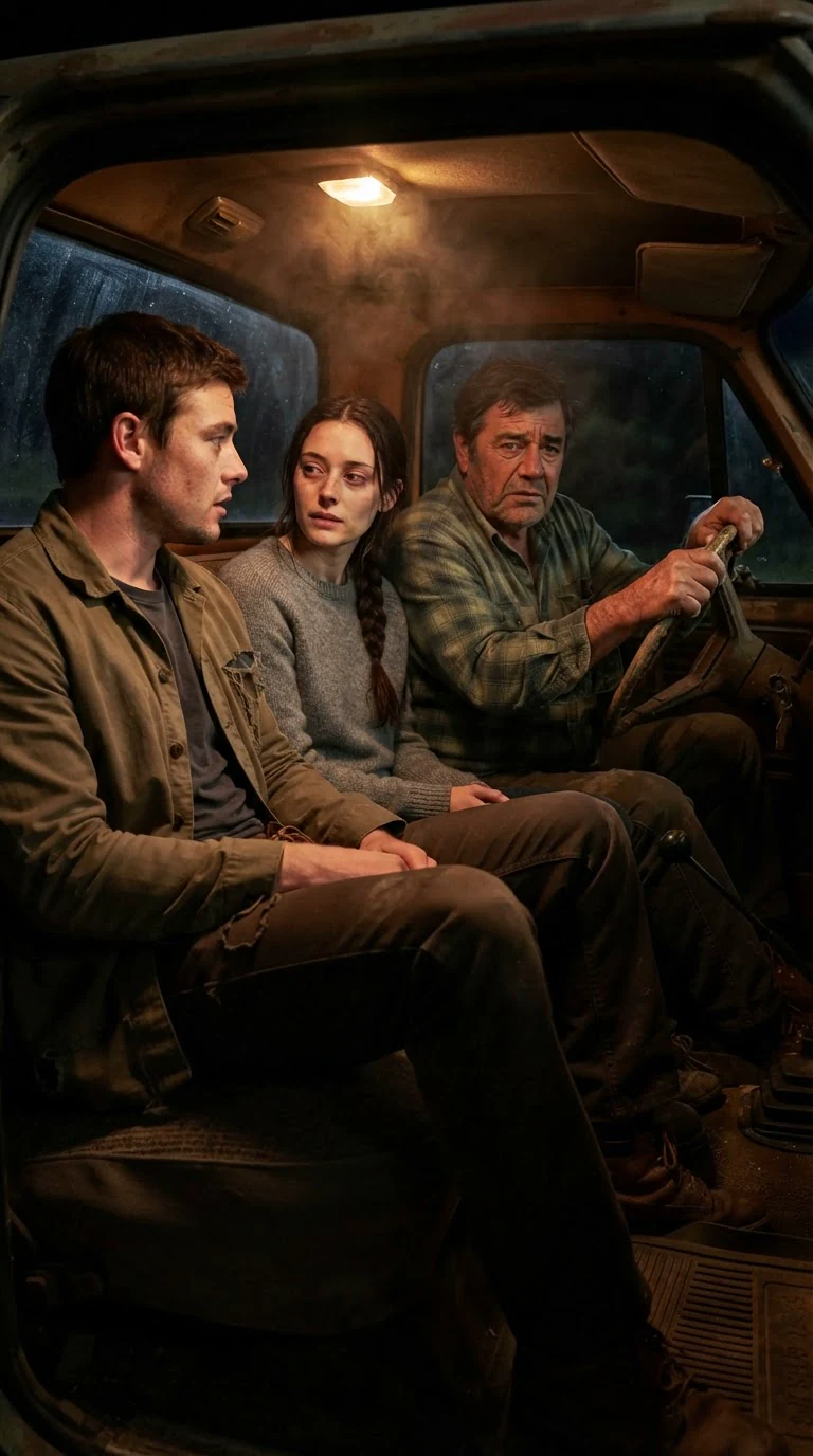 Elowen sits between her father and brother in the truck cab.
