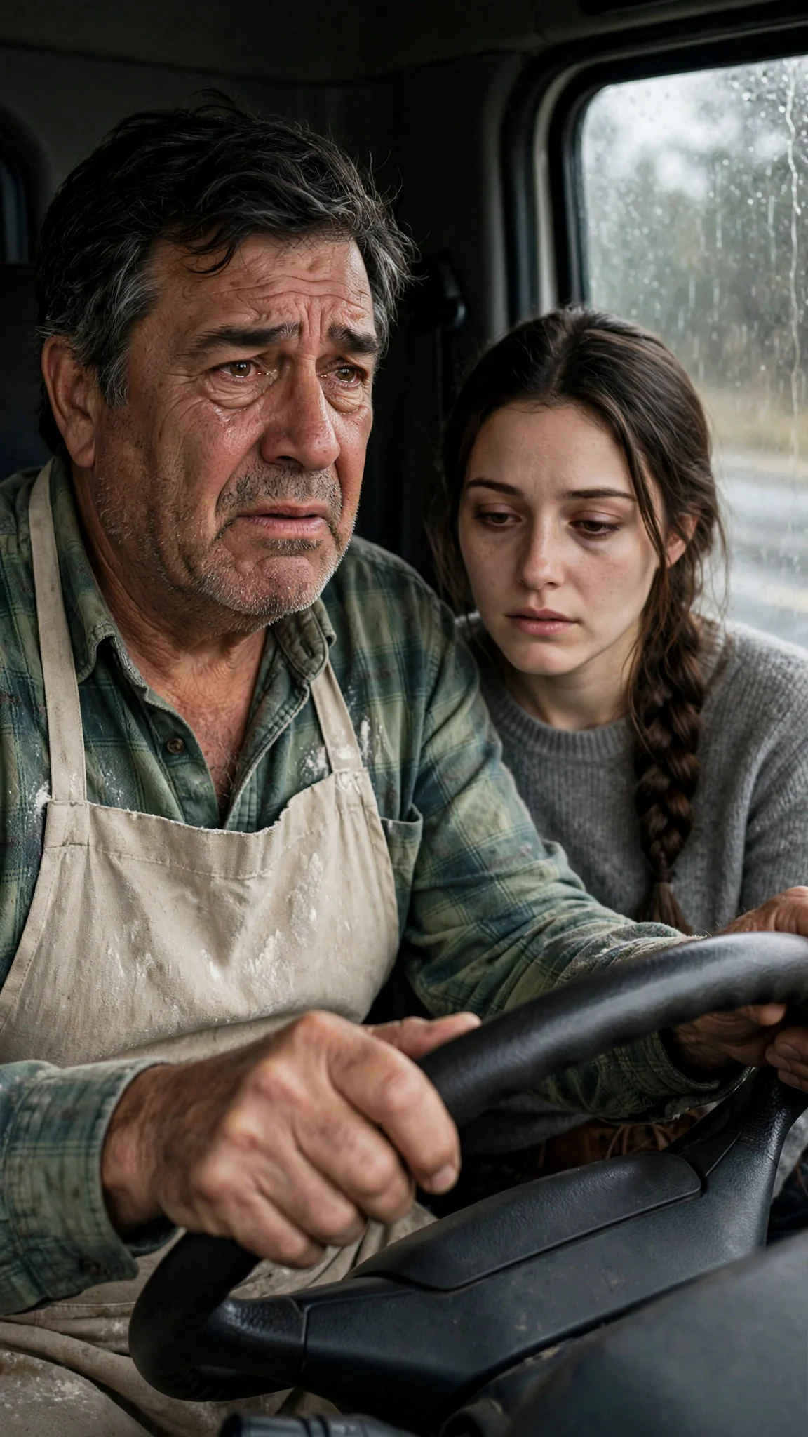 Tavis grips the steering wheel, his eyes wet, Elowen beside him.