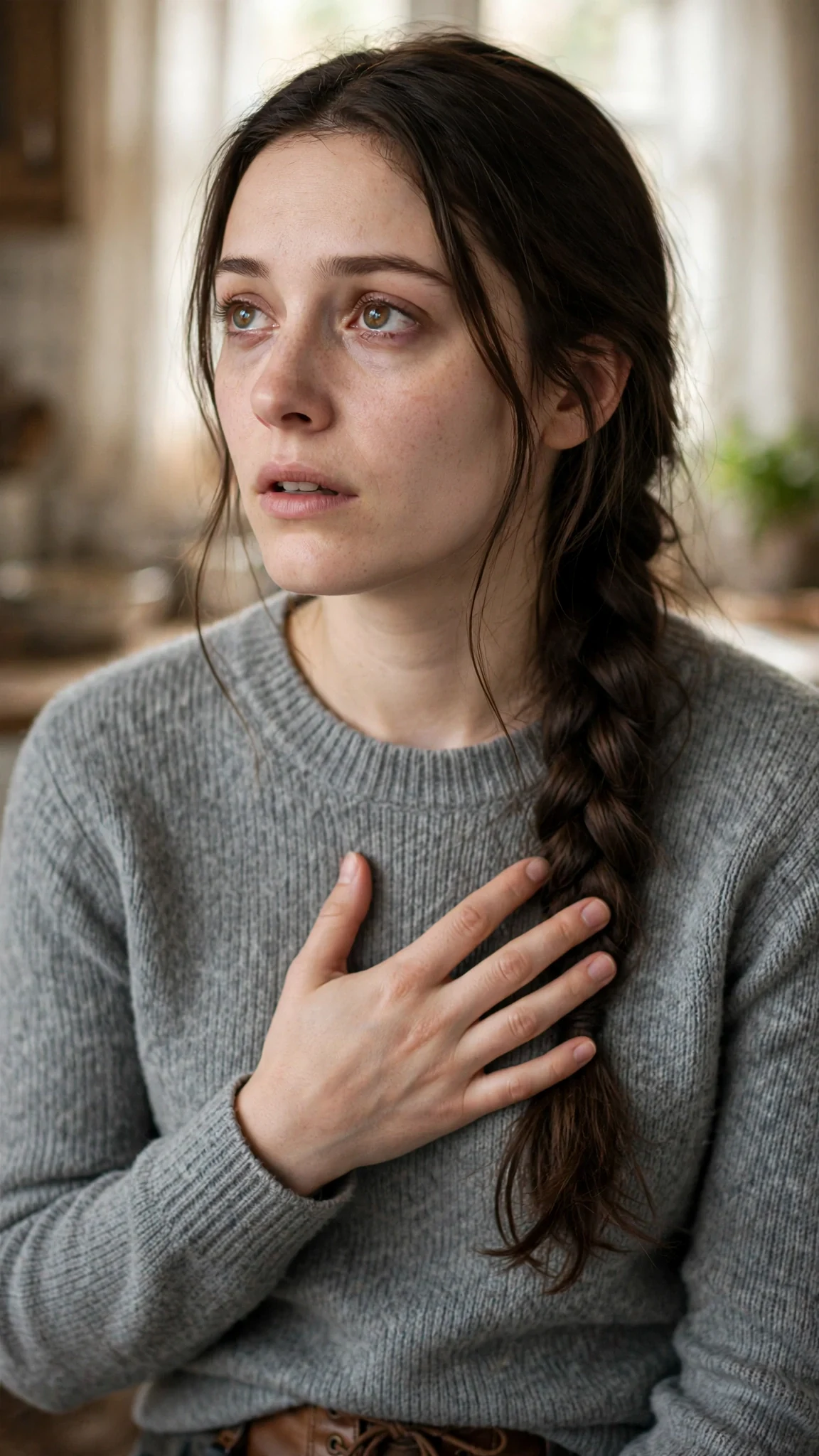 Close-up of Elowen with her hand pressed to her chest, eyes far away.