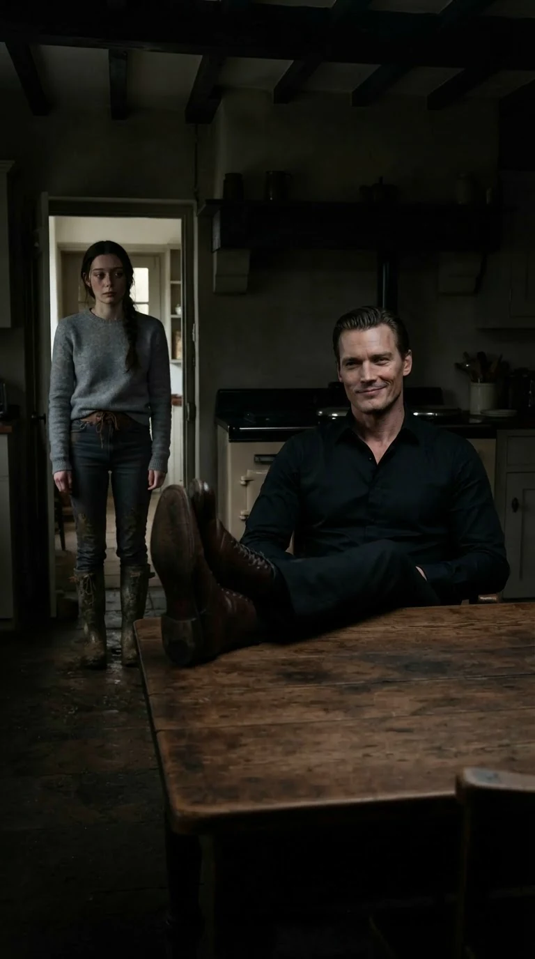Maddox sits at the kitchen table with his boots up, smiling at Elowen.