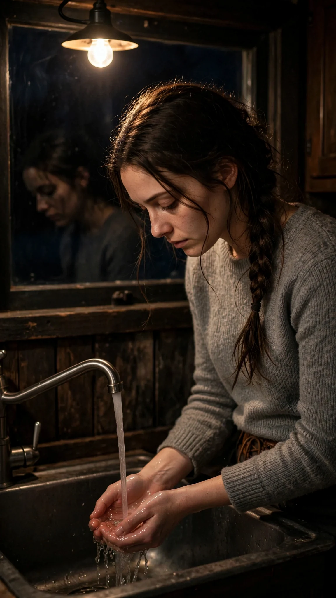 Elowen alone at the kitchen sink with her hands under cold running water.
