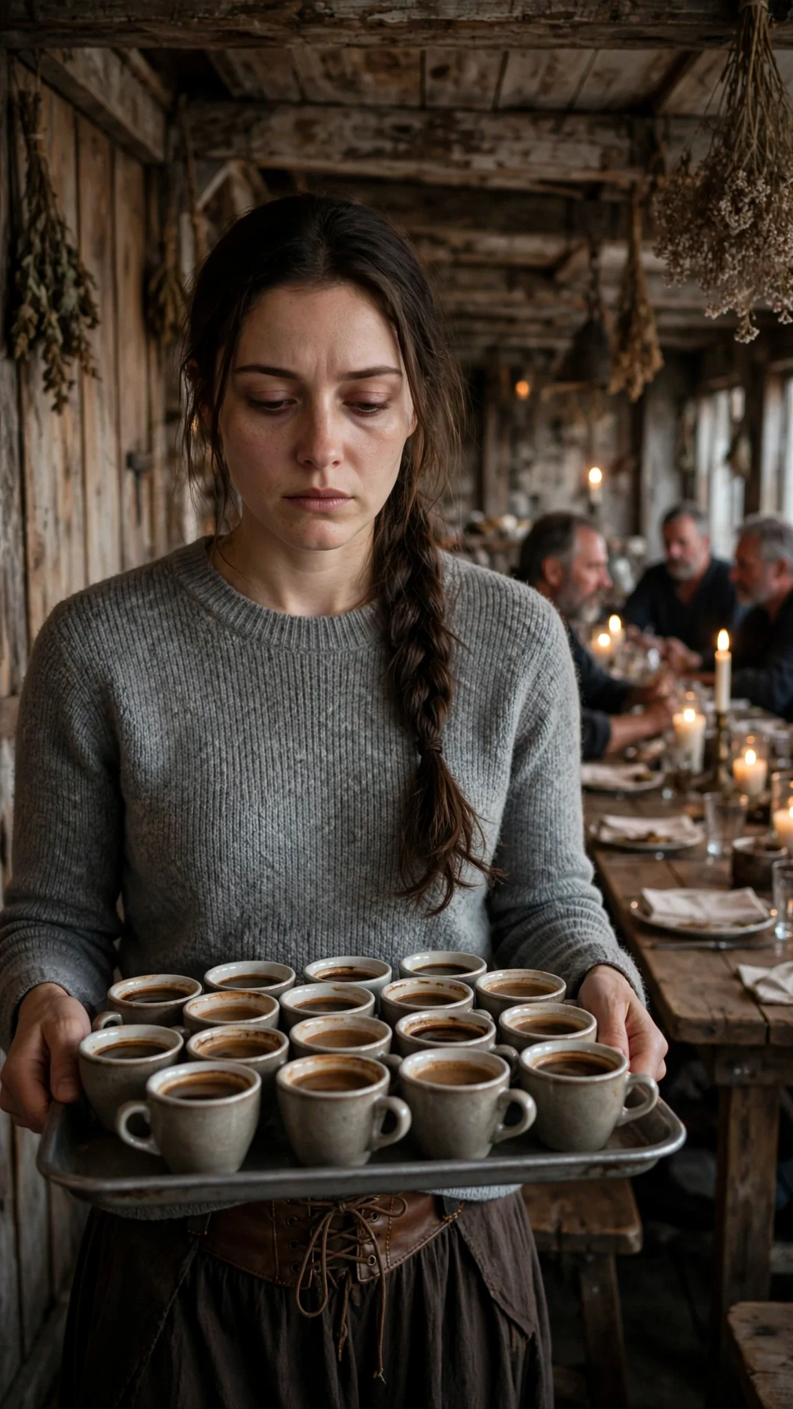 A young woman with a braid carries a heavy tray of cups through a crowded dining hall at night.