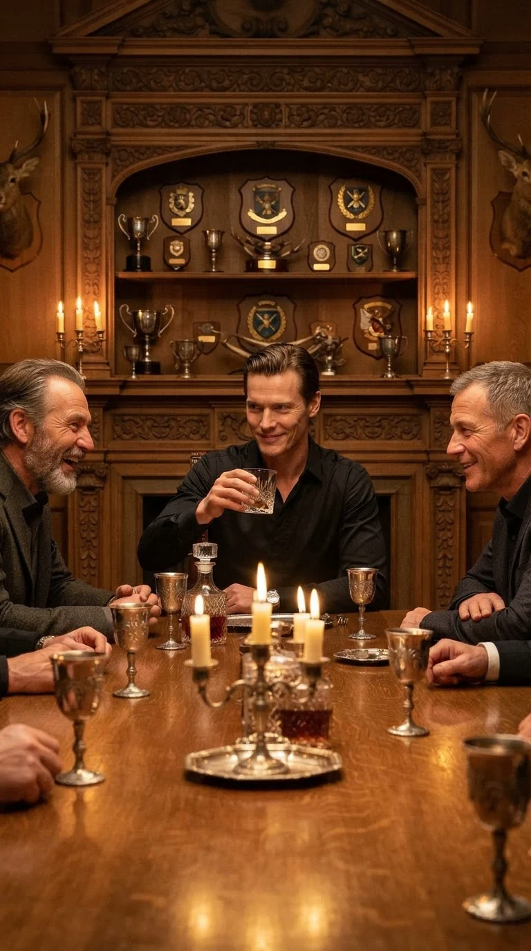 A lean blond man in a dark shirt at the head of the table lifts his glass and grins.