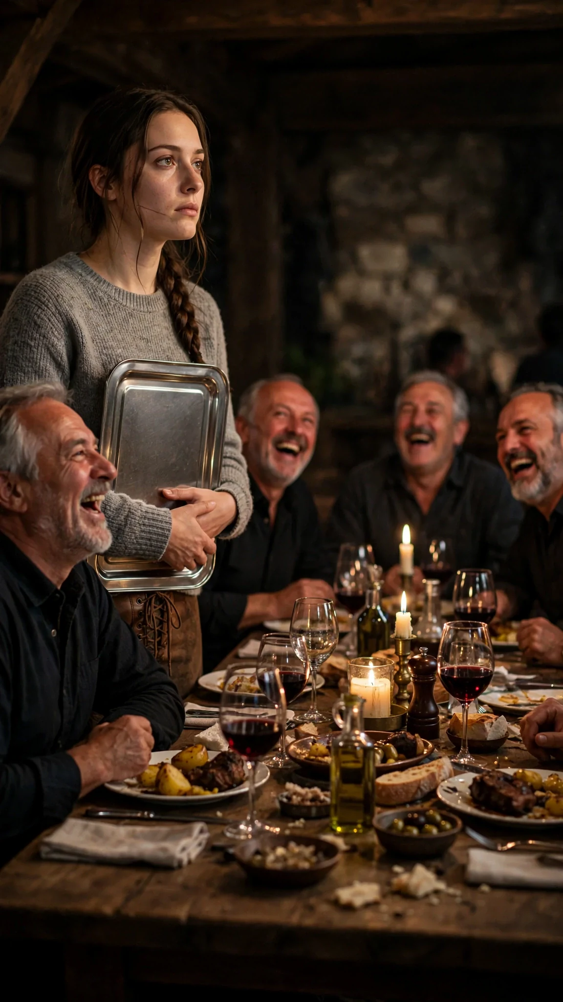 Men at a long dinner table laugh while a young woman stands holding an empty tray.