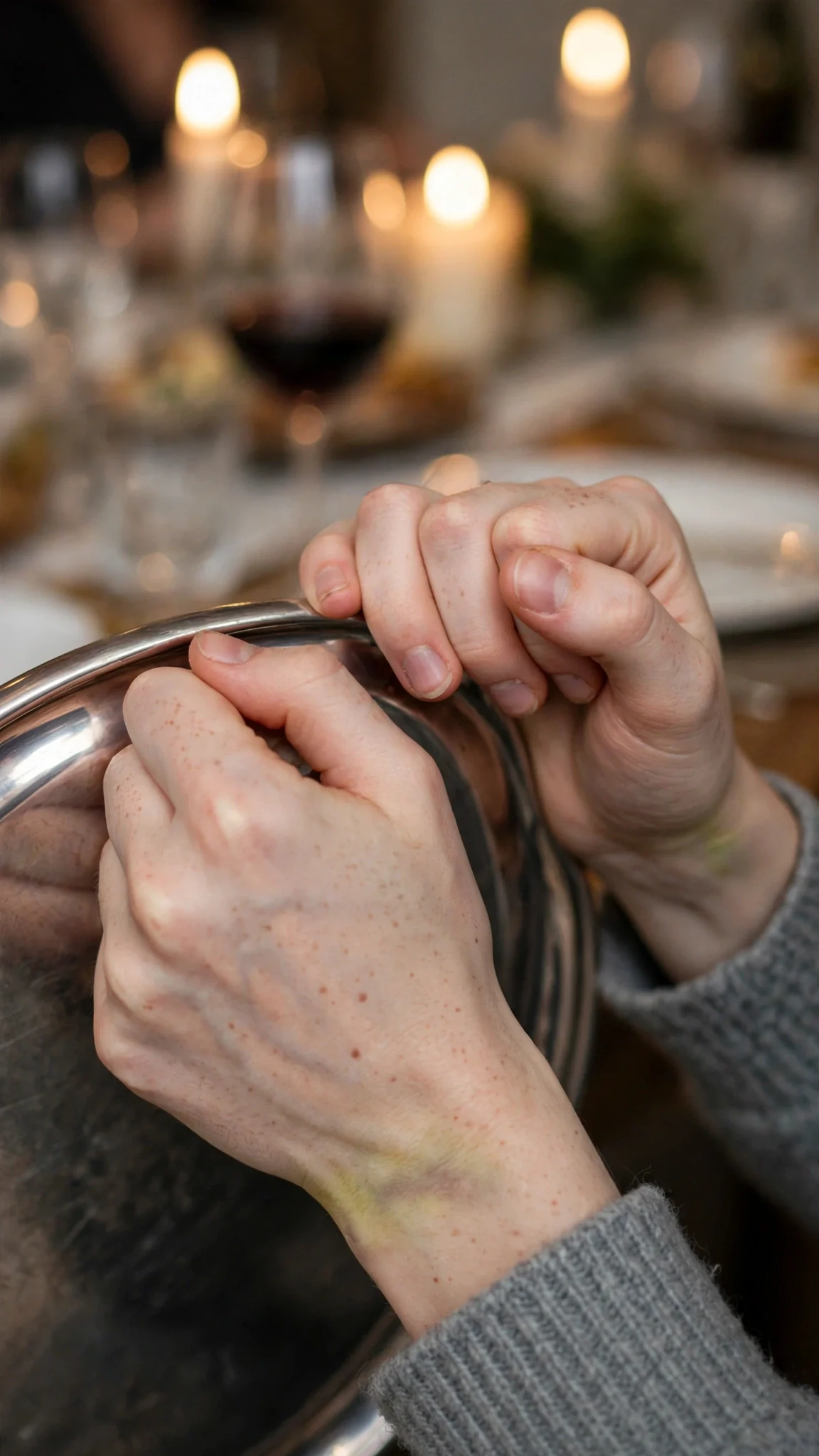 Close view of a young woman's hands gripping the edge of an empty tray, knuckles pale.