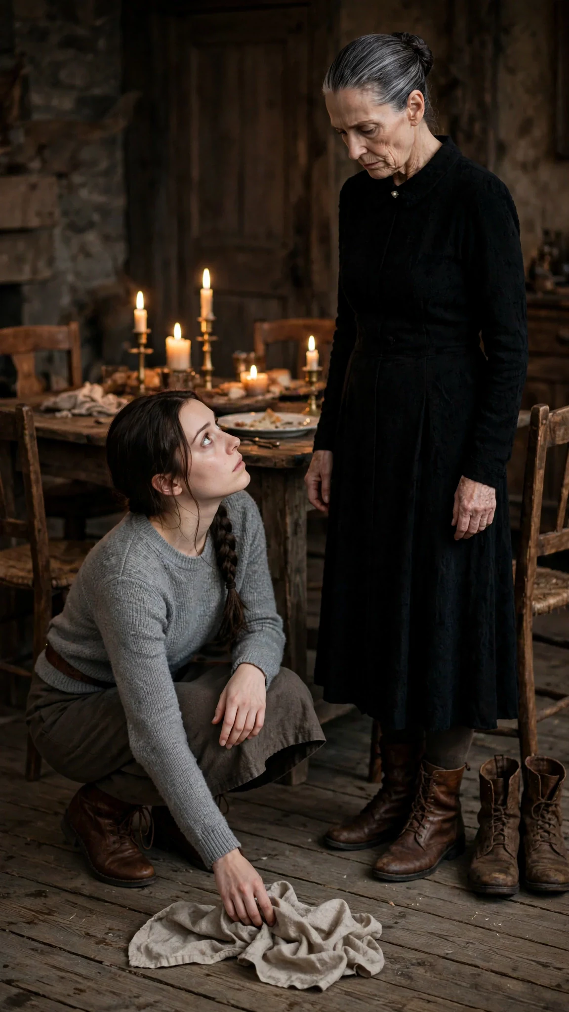 A young woman crouches to pick up a fallen napkin beside a dining chair while an older woman watches.