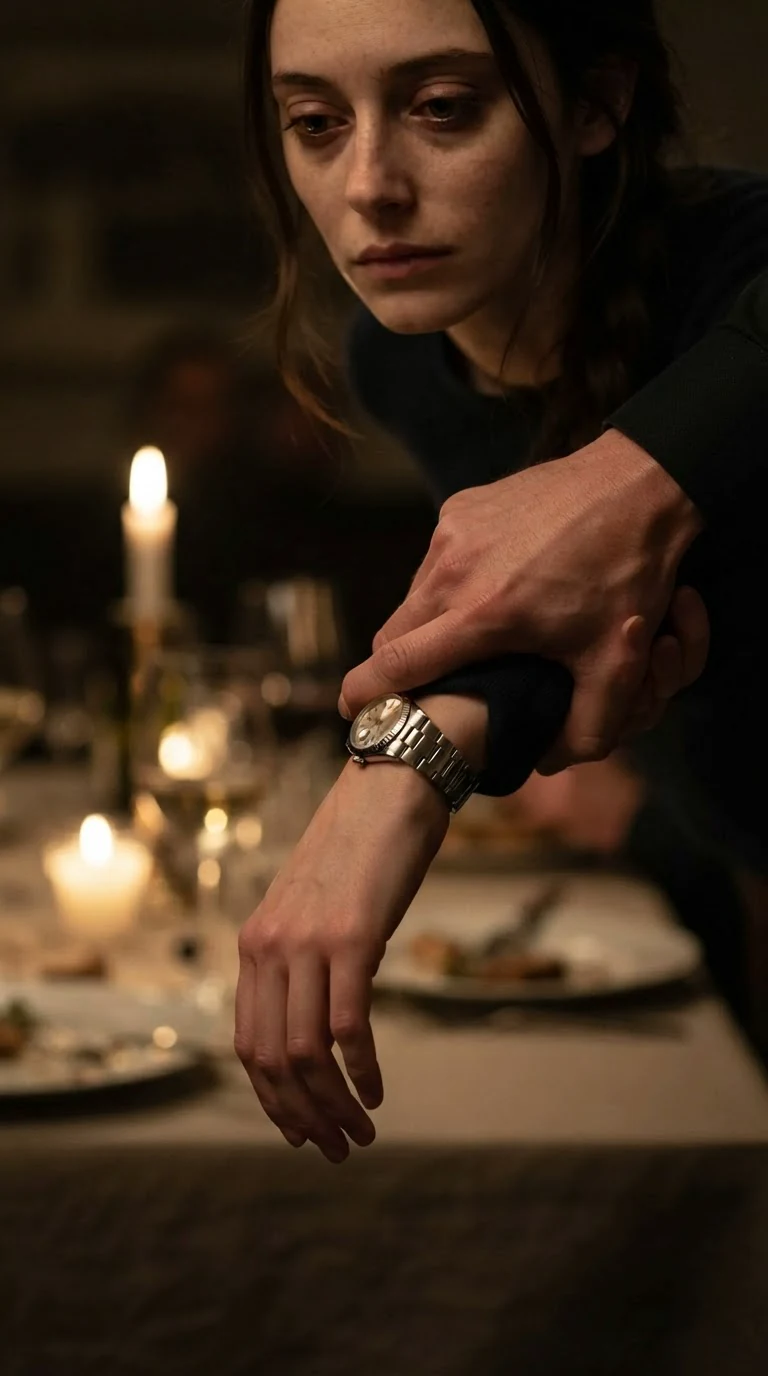 Close view of a man's hand clamped around a woman's wrist over her gray sleeve, her face tight with pain.