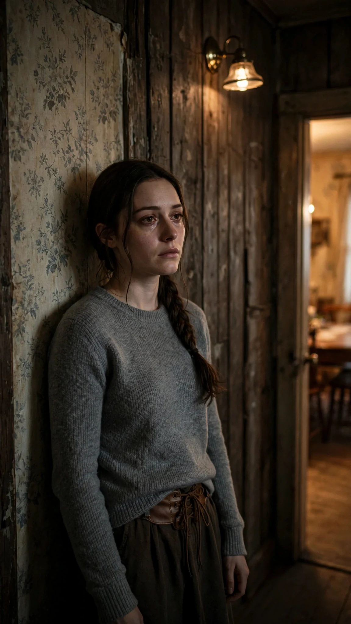 A young woman with a braid stands in a dim hallway outside a dining hall, hands at her sides, face blank.