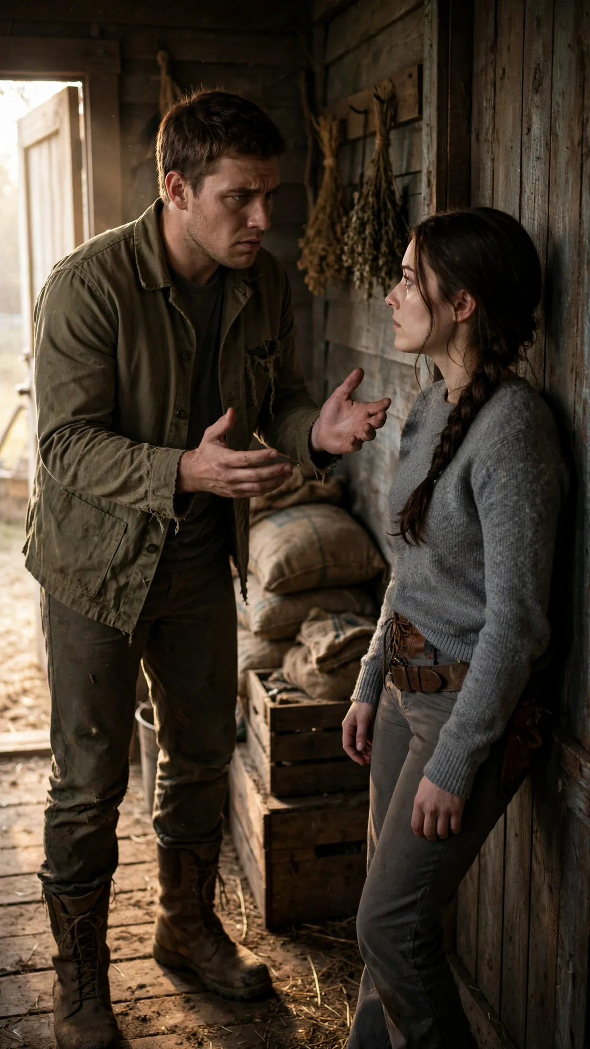 A tall sturdy young man in a farm jacket steps into the hallway light and looks at his sister.