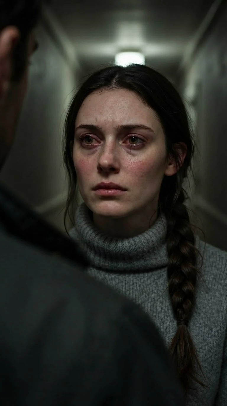 Close framing on a young woman's angry face in a dim hallway, brother's shoulder in the corner.