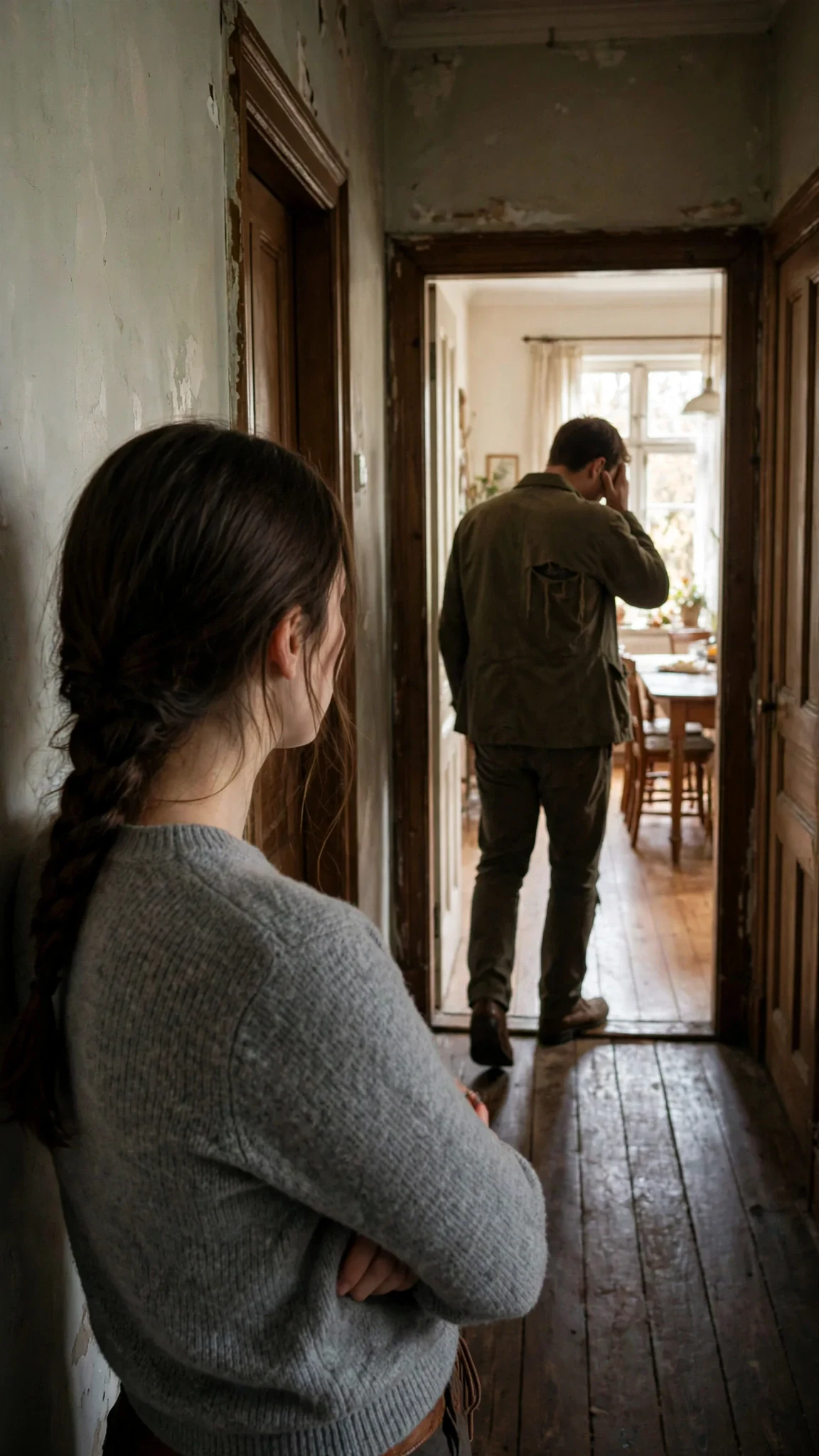 A young man walks away down a hallway while a young woman stands with her back to him.