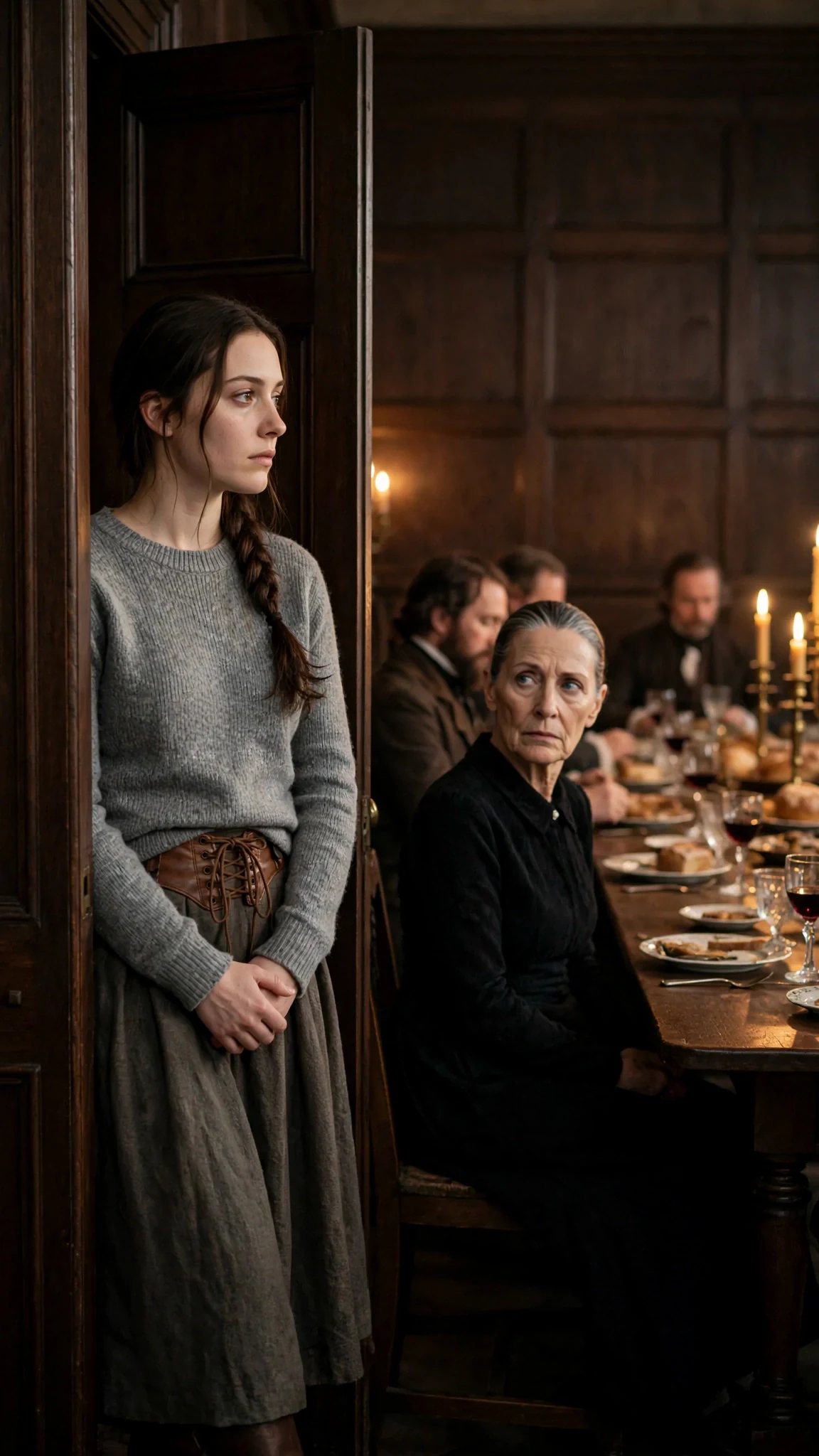 A young woman walks back into a candlelit dining hall with her chin up, the long table ahead of her.