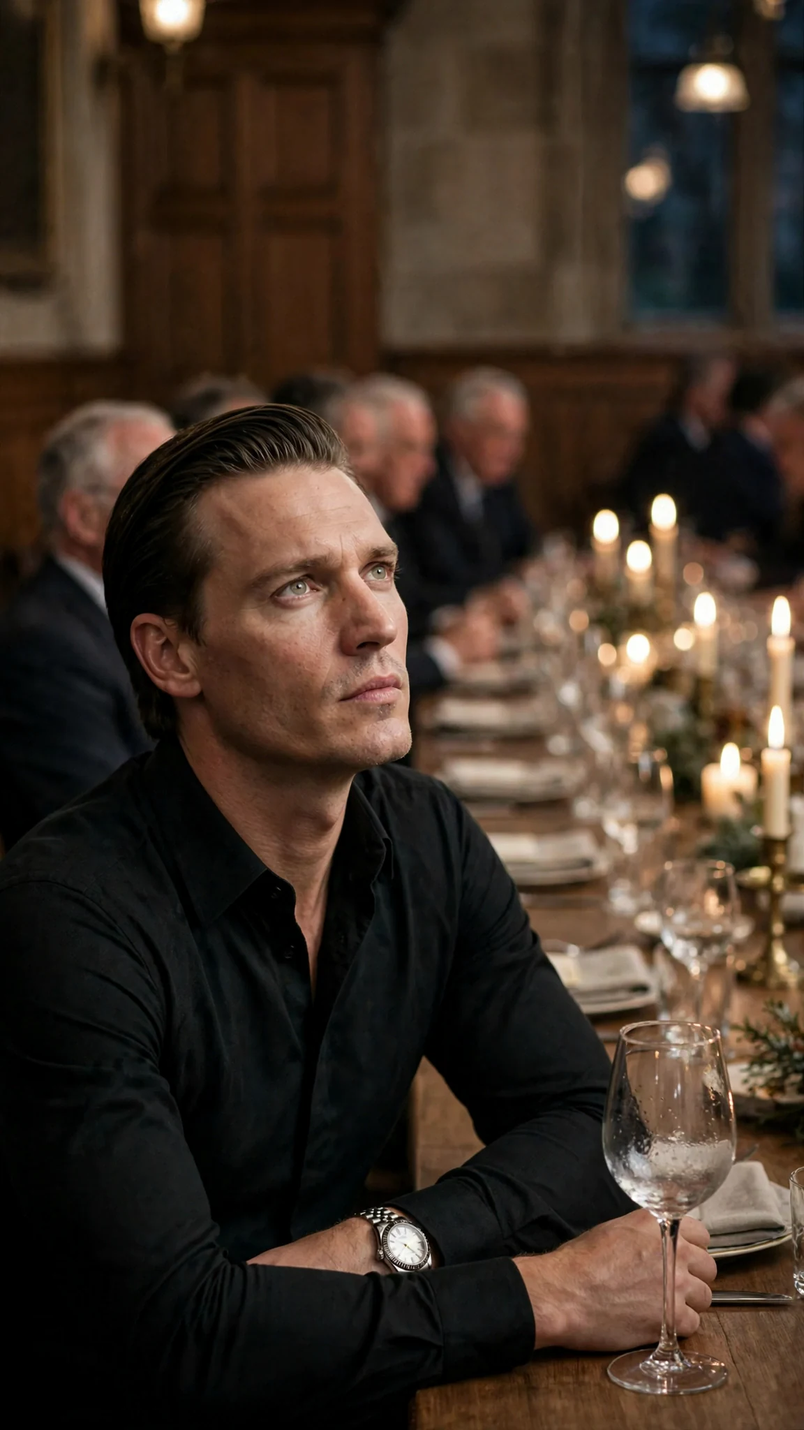 A lean blond man sets down his glass and stares at a young woman across the table.
