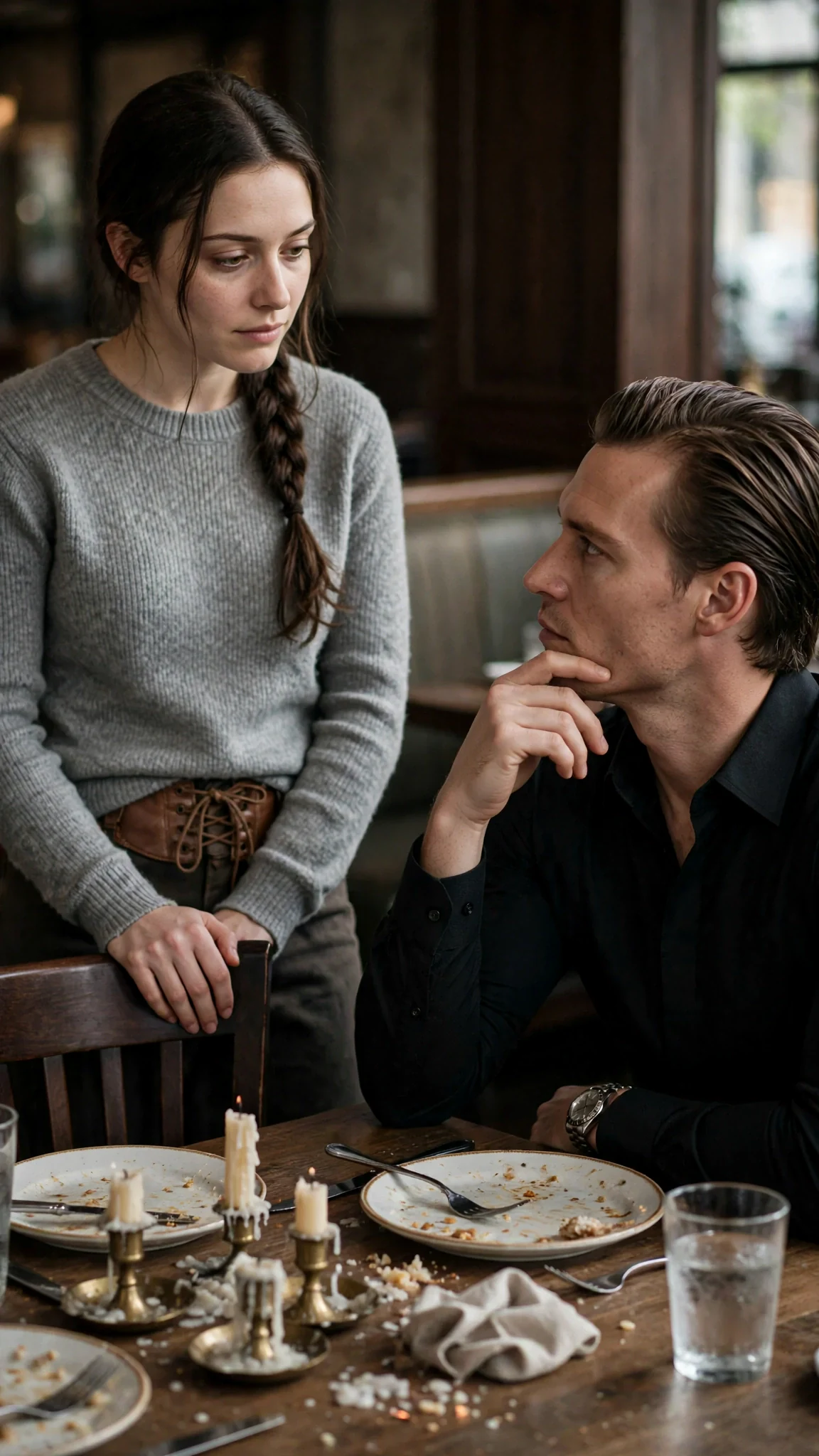 A young woman answers a man at the table, her face carefully blank, one hand on the back of her chair.