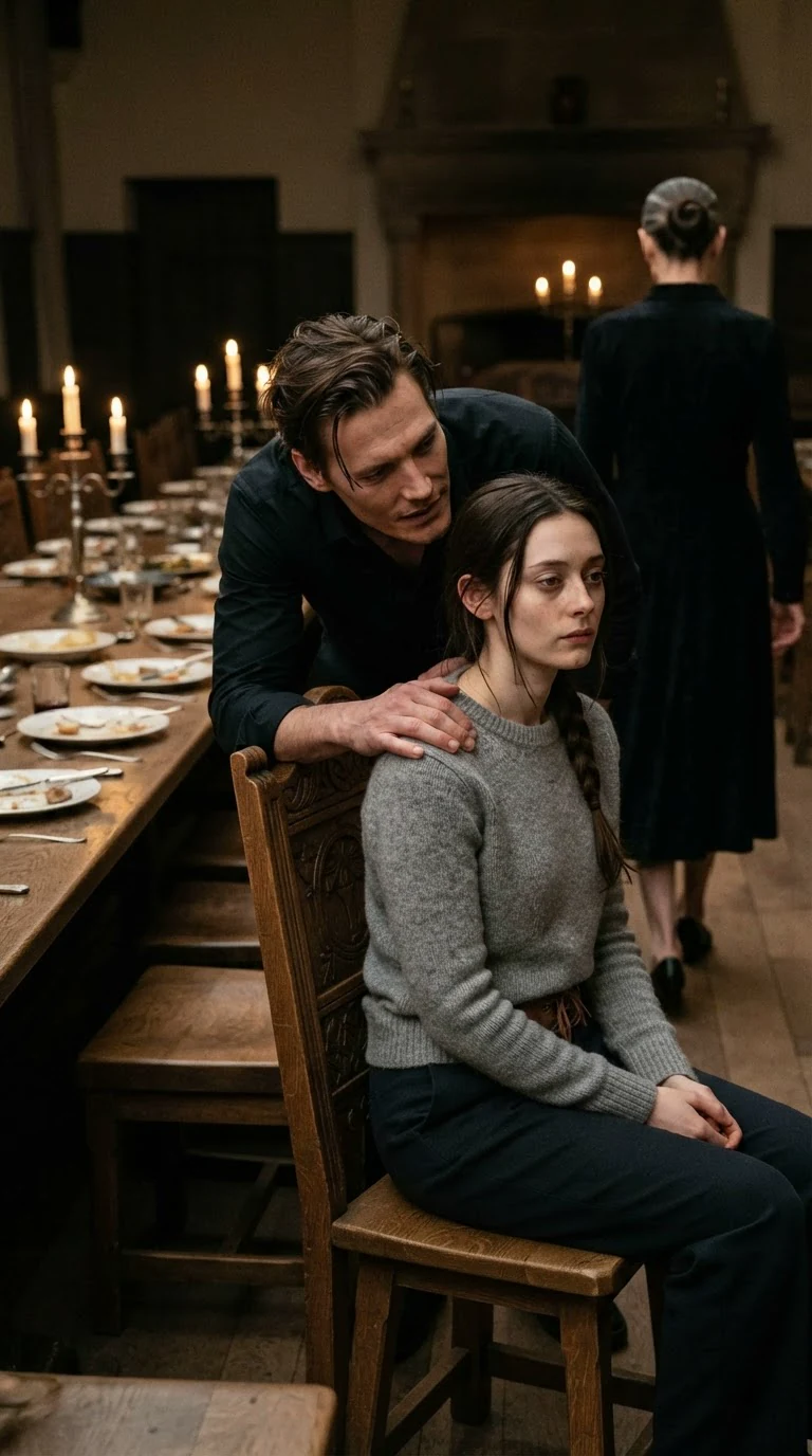 A young woman sits on a low stool beside a man's chair, his hand on her shoulder, the hall emptying behind them.