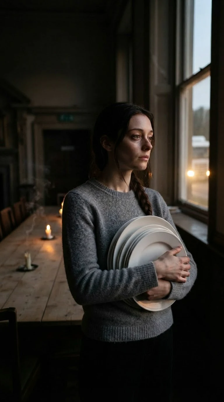 A young woman alone in a darkening dining hall holding a stack of plates, headlights sweeping past the window.