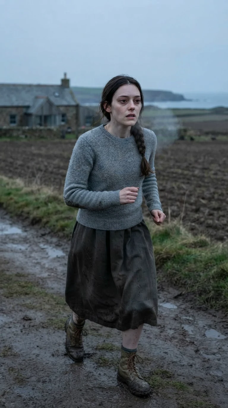 A tired young woman in a gray sweater walks a muddy farm road at dawn.
