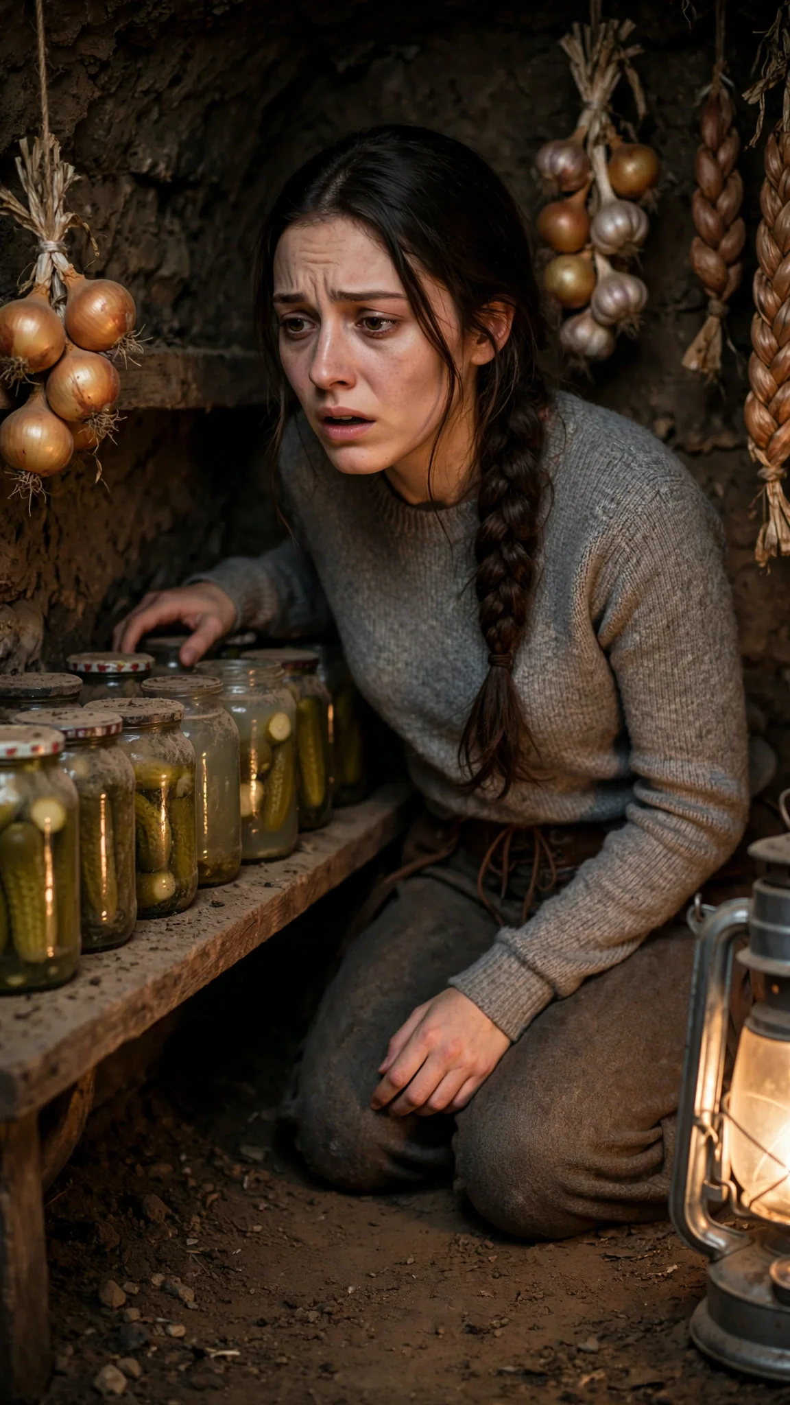 A woman kneels in a dirt cellar and reaches behind dusty pickle jars.
