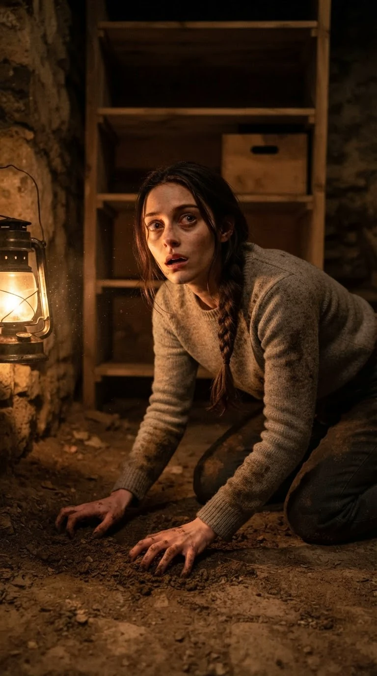A woman digs through cellar dirt with both hands, panicked.