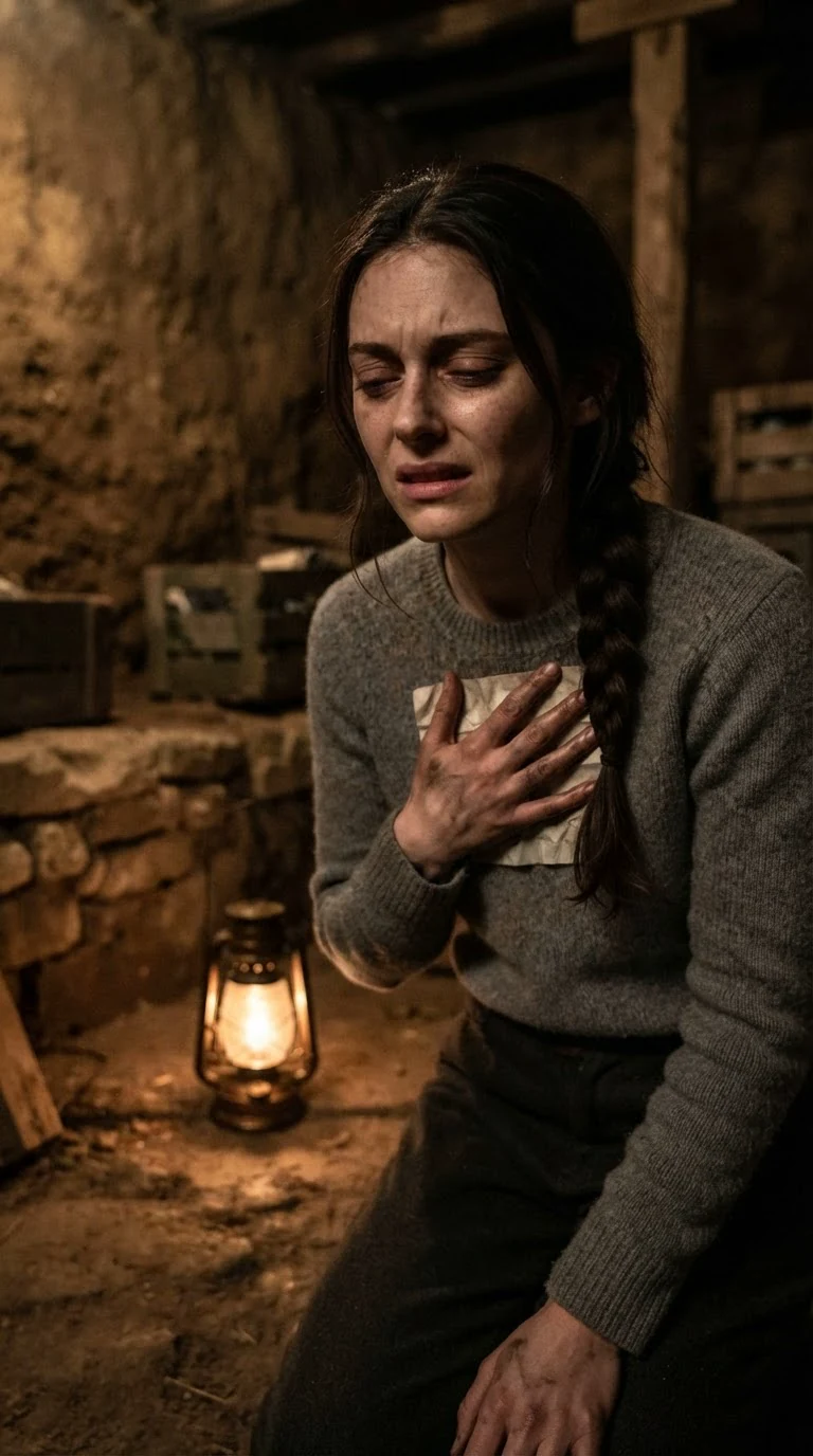 A woman presses one hand flat over her chest under her sweater.