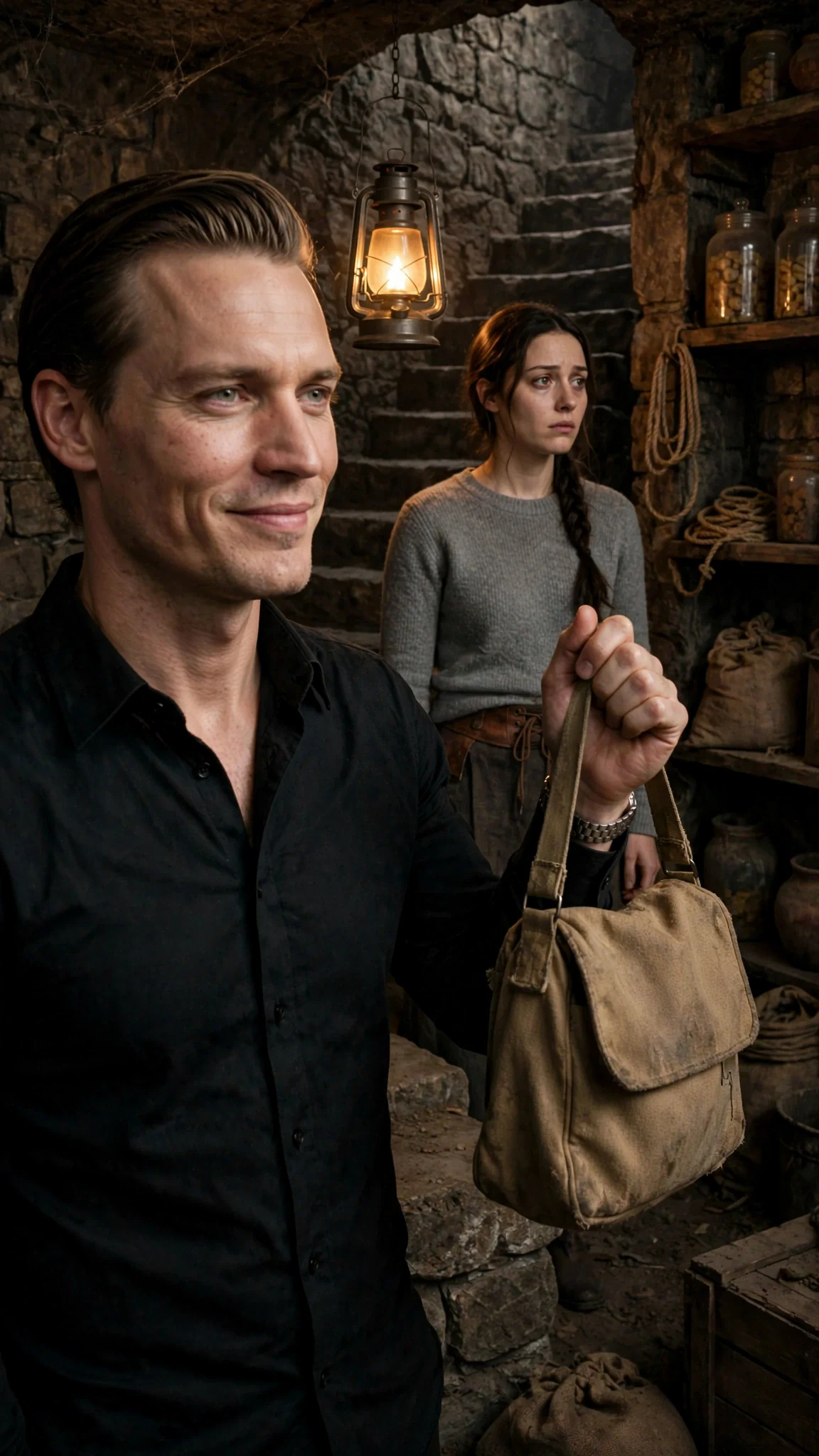 A man holds up a canvas bag by one strap at the bottom of the stairs.