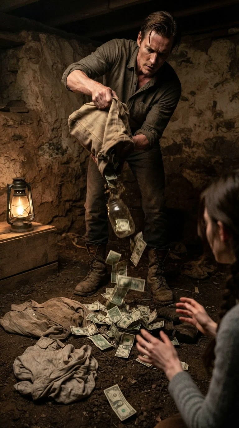 A man dumps a bag out on the dirt floor and money spills from a broken jar.