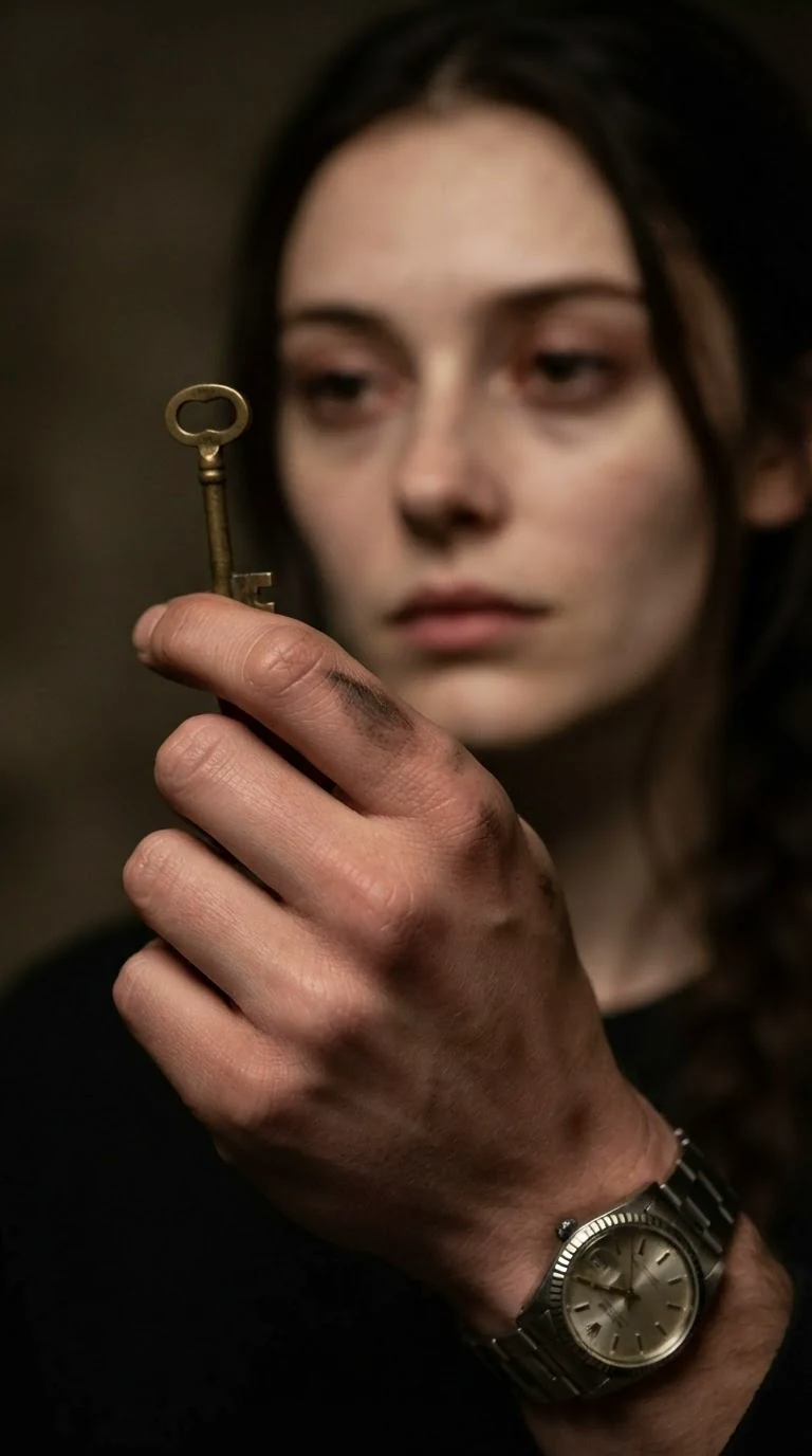 Close-up of a small brass key held between a man's fingers.