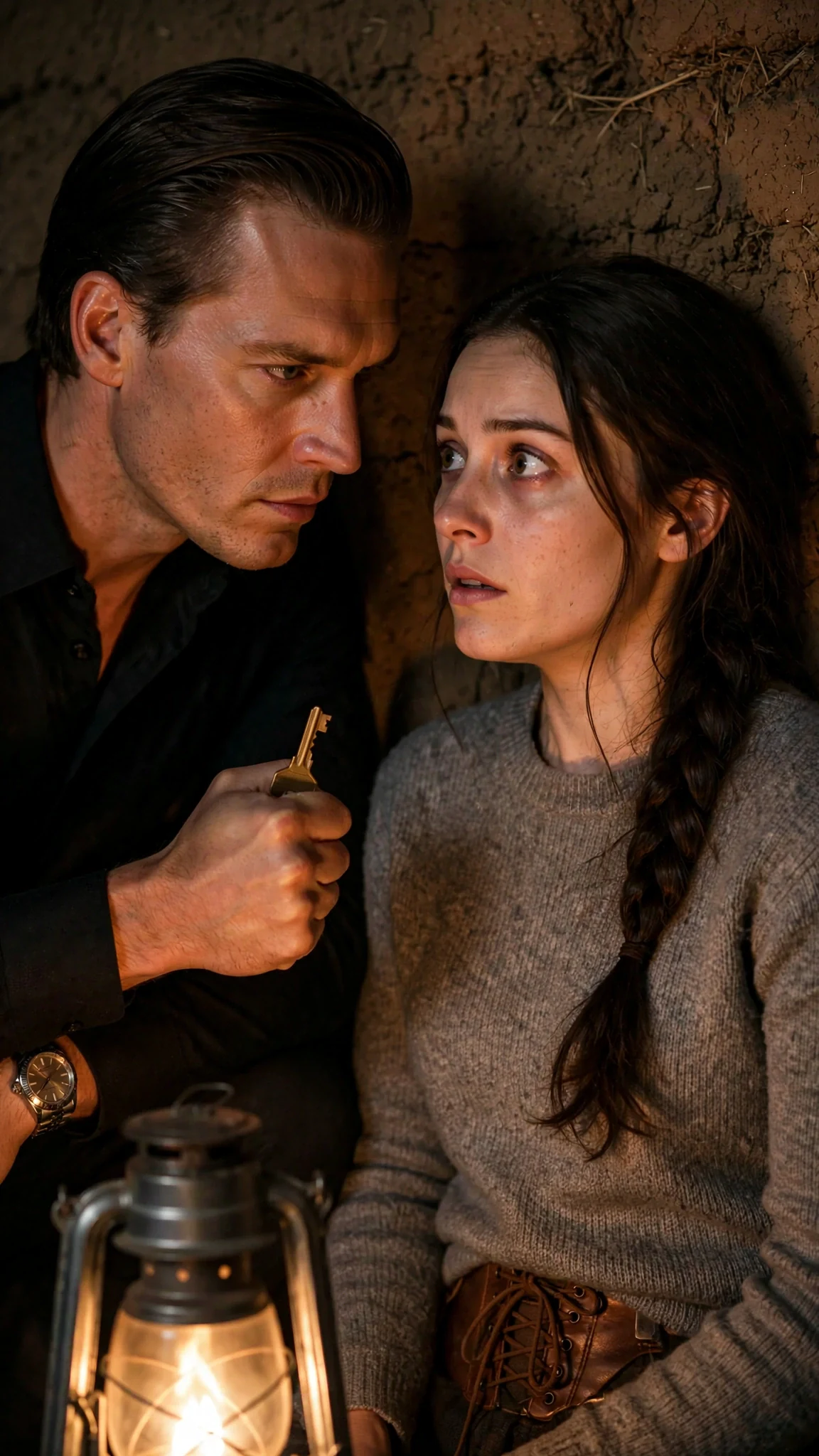 A man closes his fist around the key and stares down at a frightened woman.