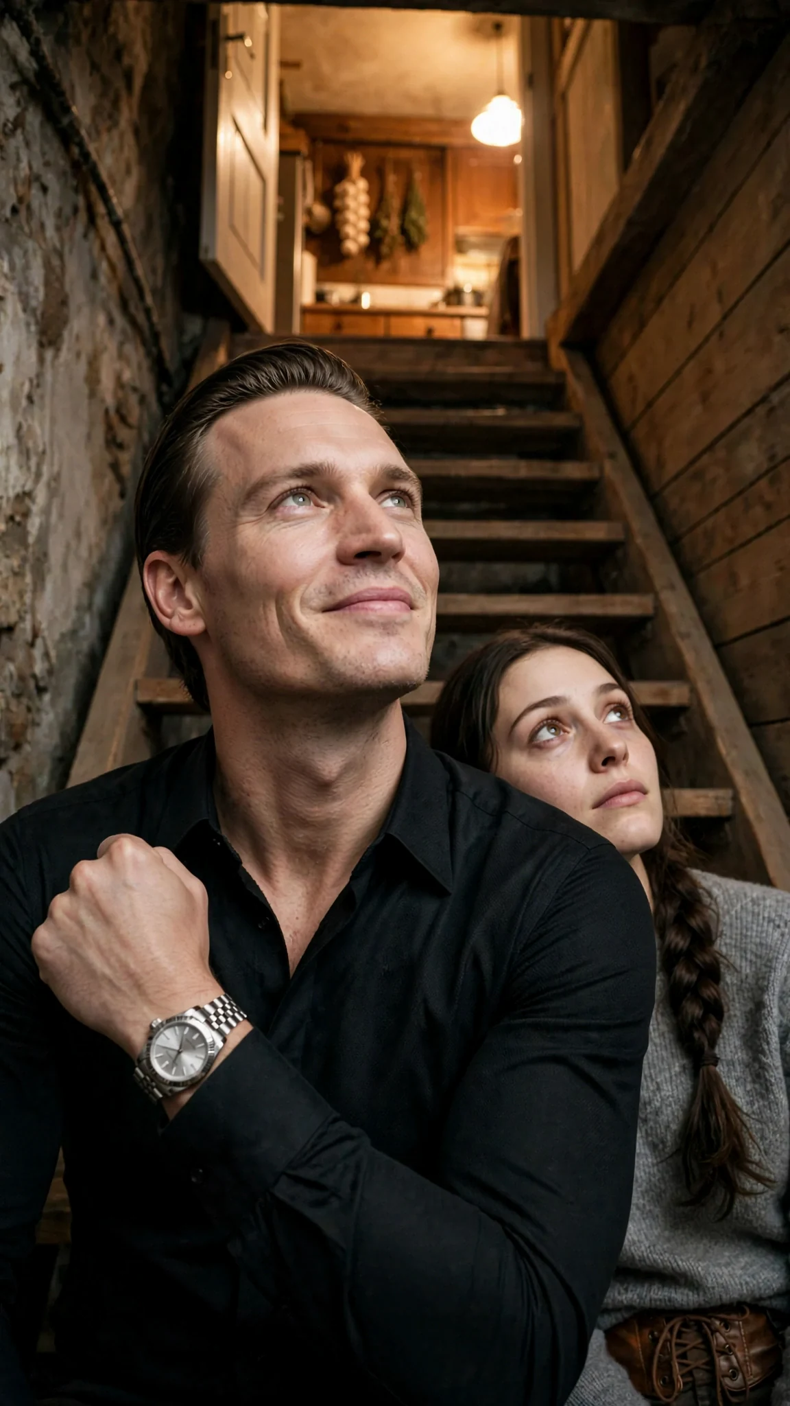 A man looks up the cellar stairs with a smile as light falls from the kitchen.
