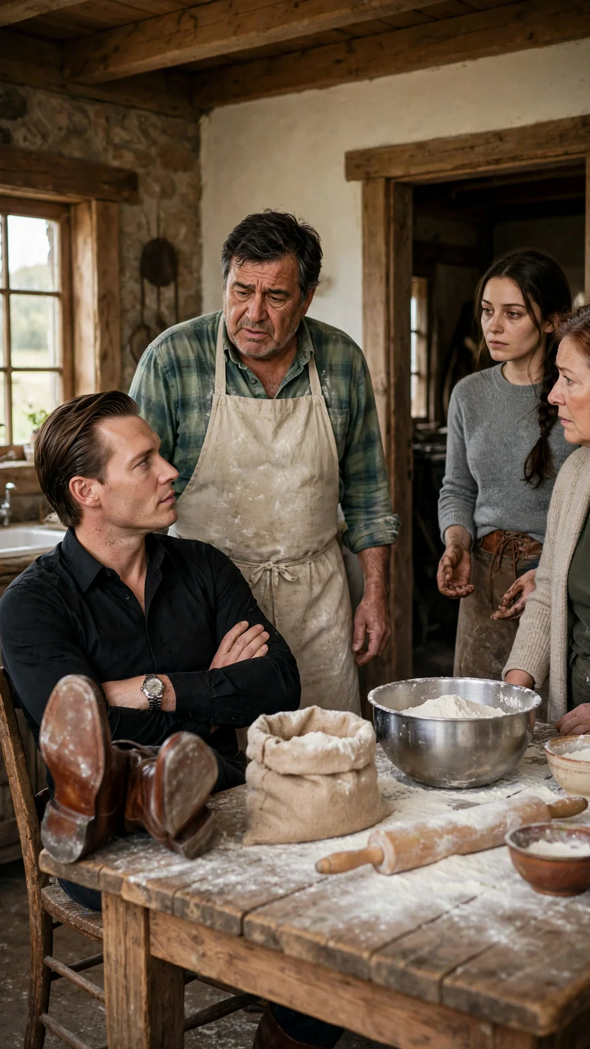 A man sits at a farmhouse table with his boots on it while three family members stand.