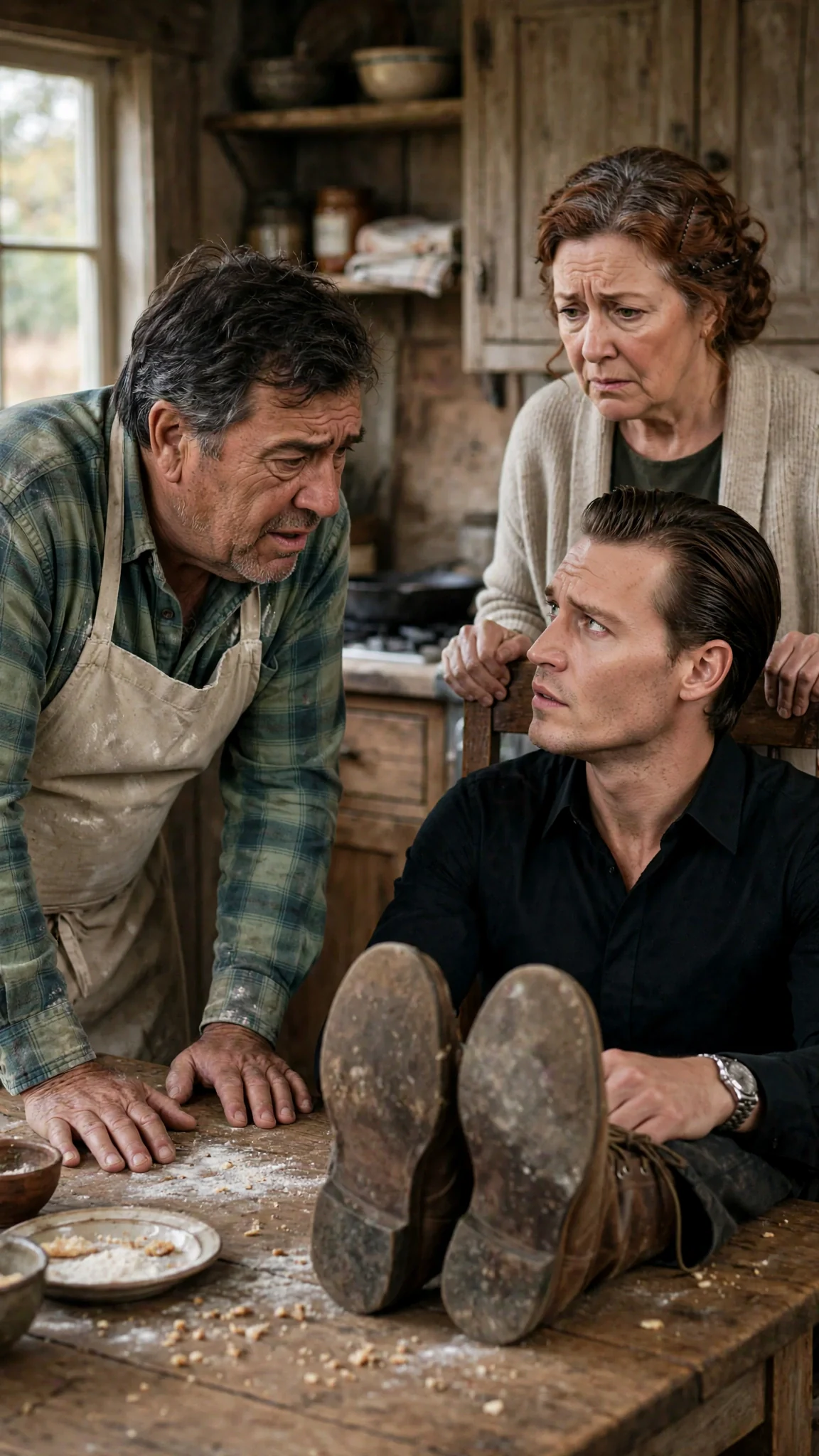 A father stands firm in his own kitchen while a younger man lounges at his table.