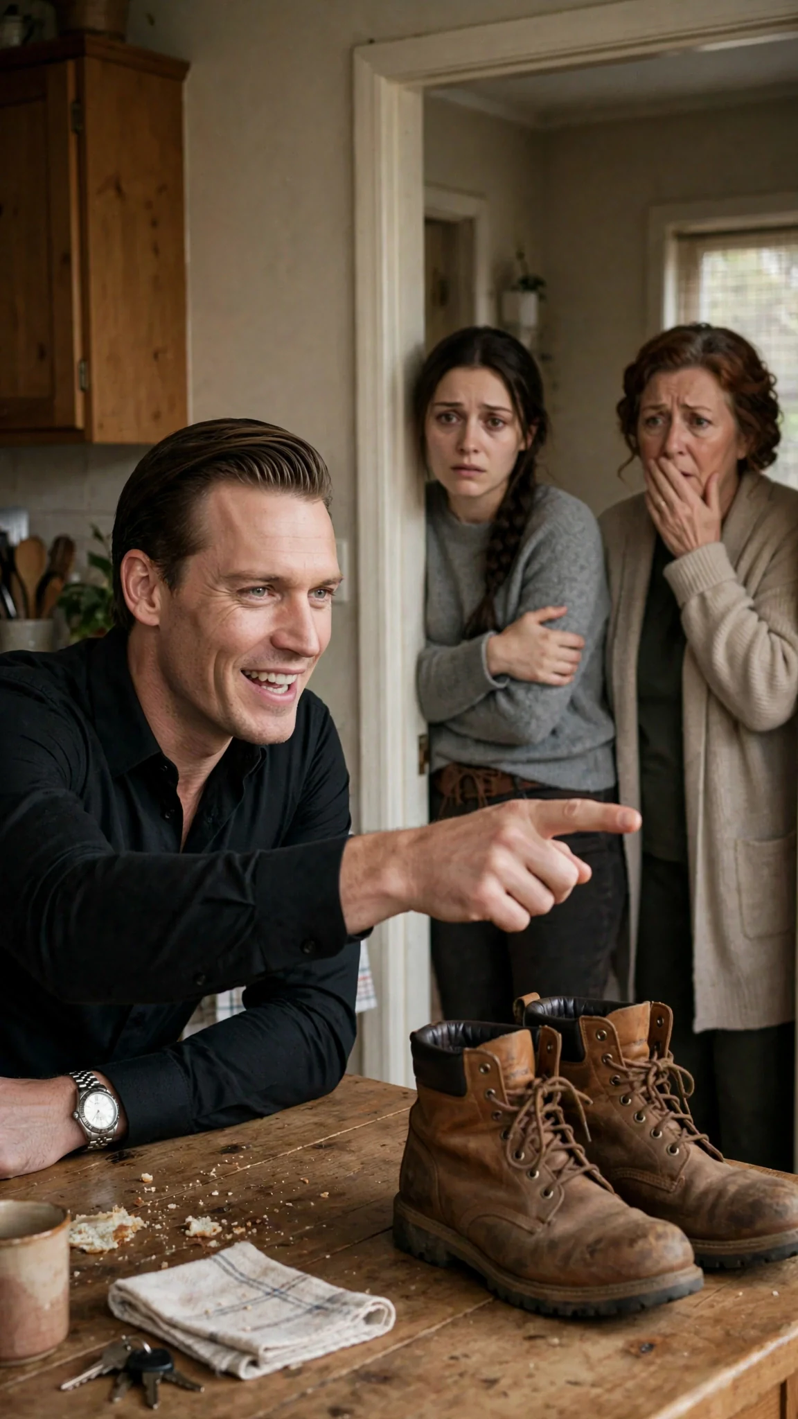 A man speaks with an ugly smile while a young woman stands frozen nearby.