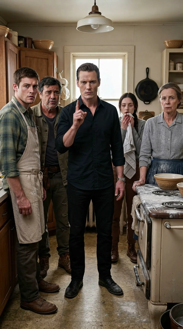 A man leans close to a family, warning them, while a bleeding woman stands behind.
