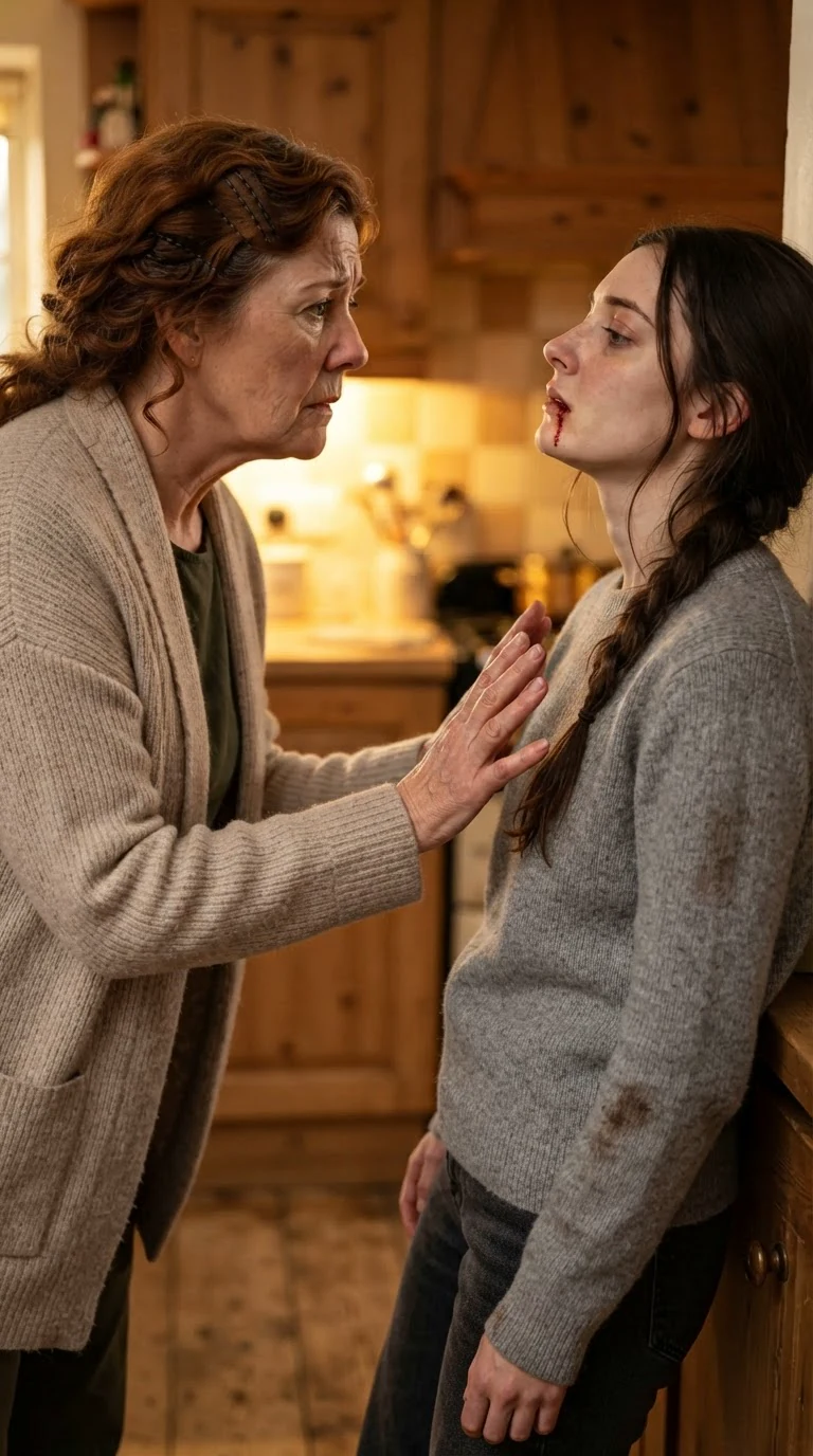 A mother reaches out a hand and her bleeding daughter steps back from it.