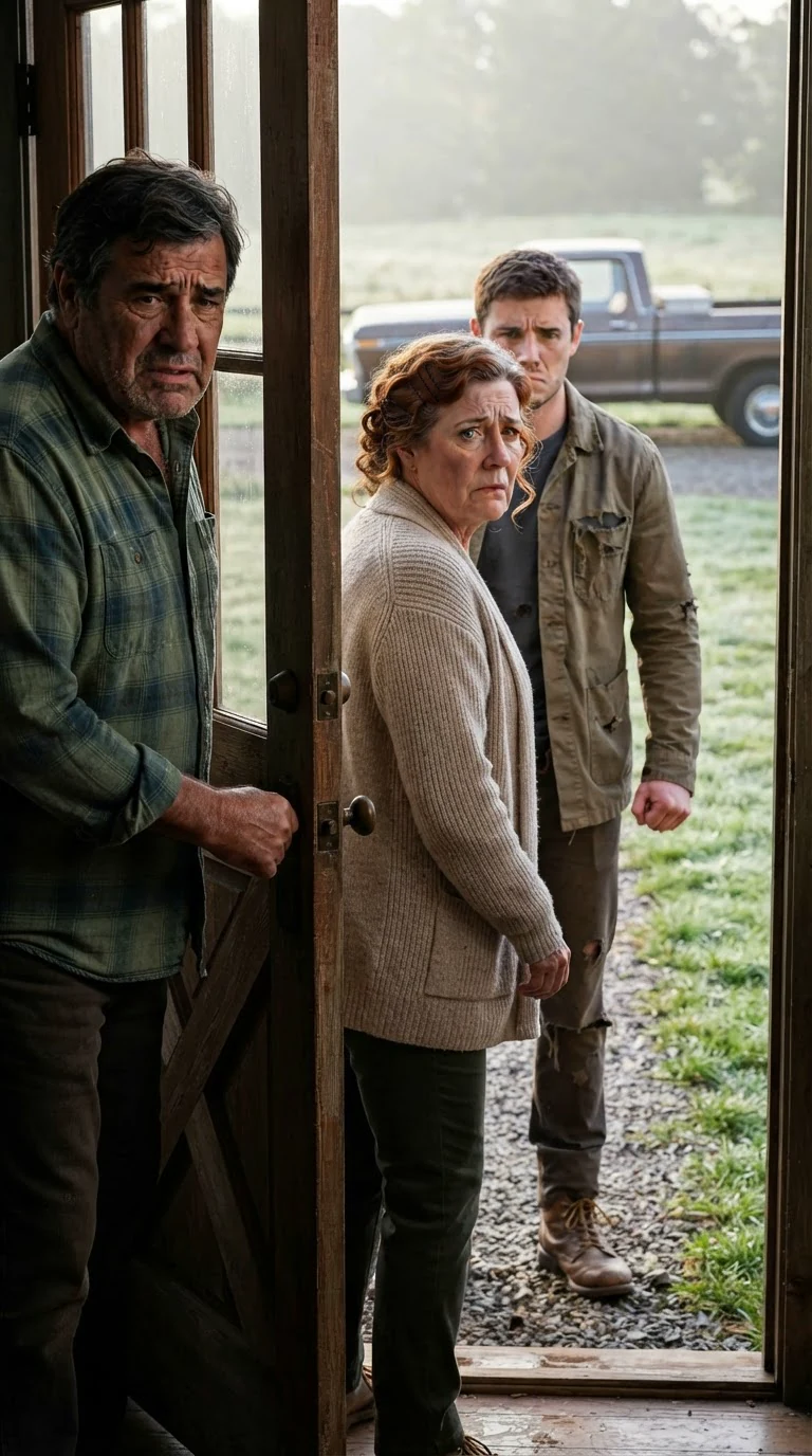 A mother and father stand in the open farmhouse door, the father holding it, looking back.