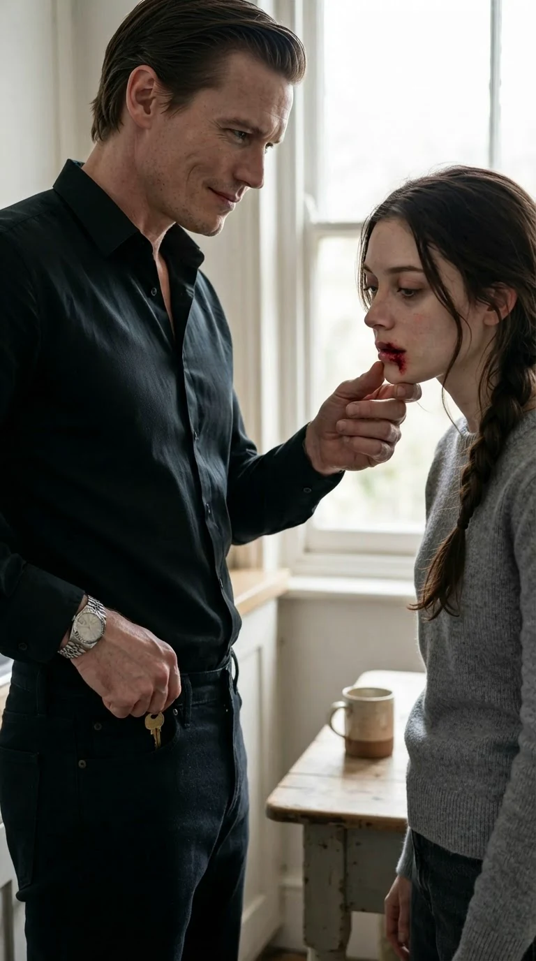 A man slides a brass key into his pocket and cups a woman's bloody chin.
