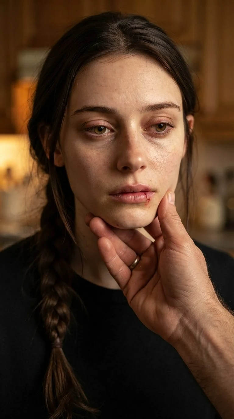 Close-up of a young woman with a split lip, eyes down, a hand at her jaw.