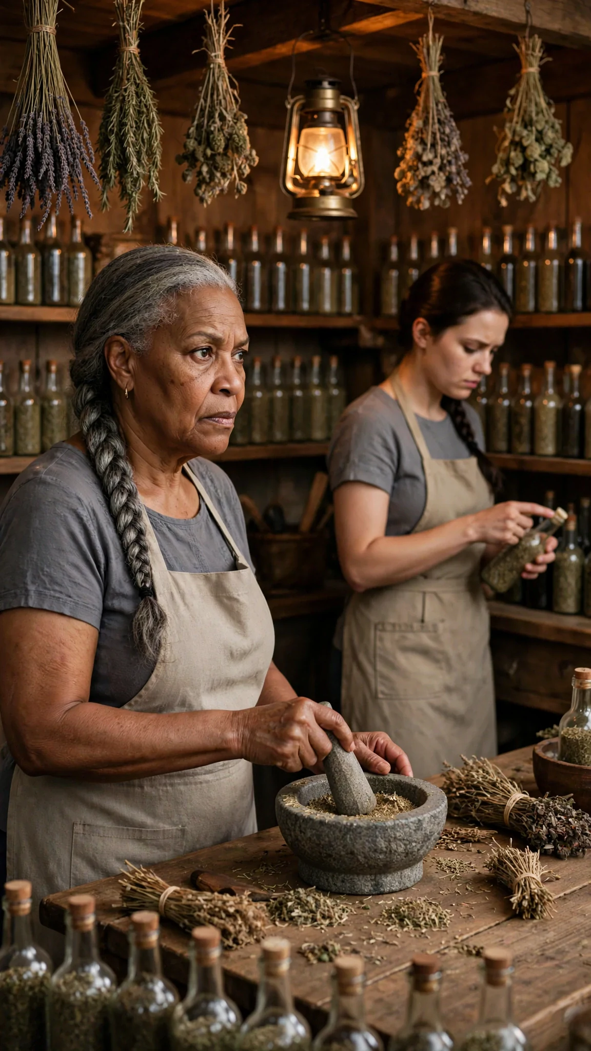 An older healer grinds herbs while the younger woman keeps counting bottles behind her.