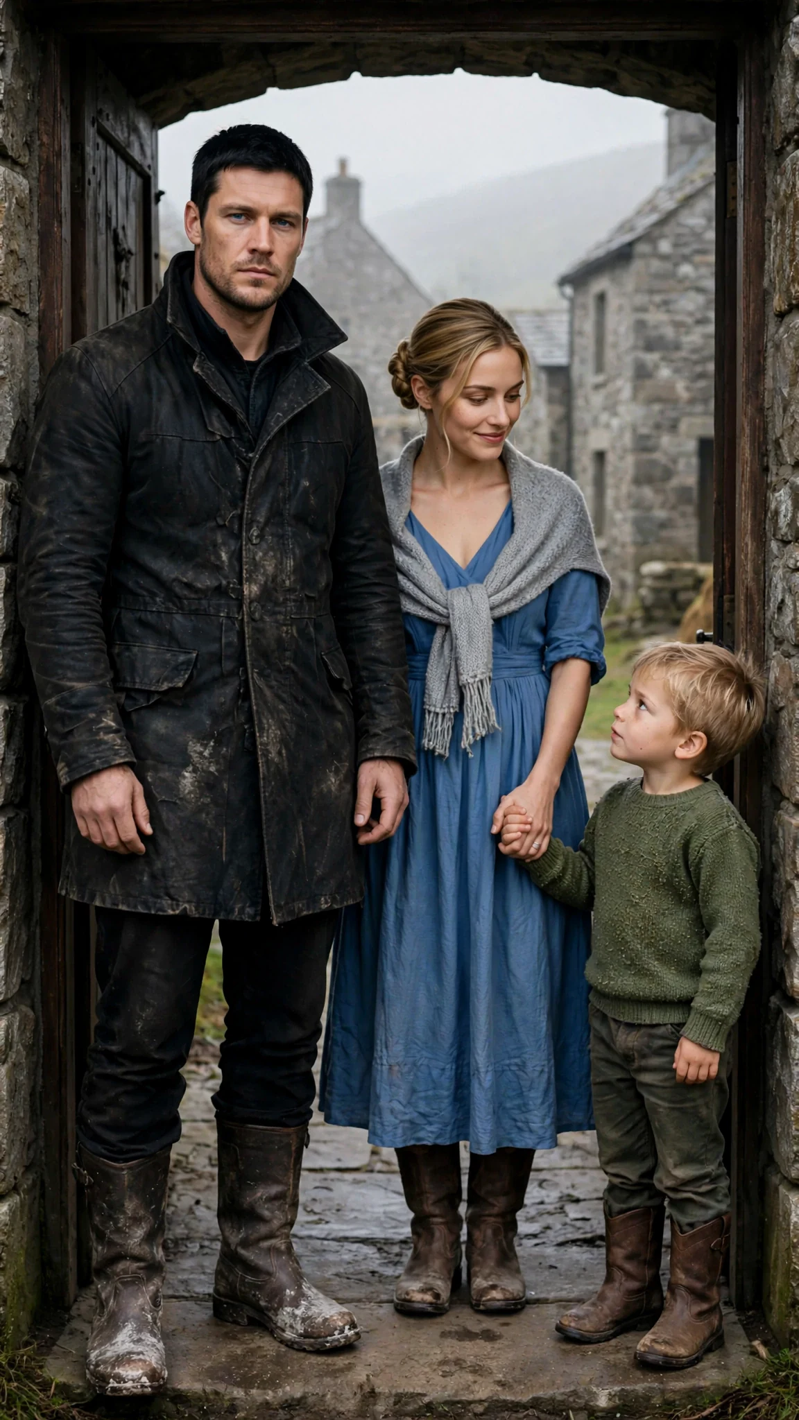The Alpha fills the doorway with a blonde woman and a small boy behind him.