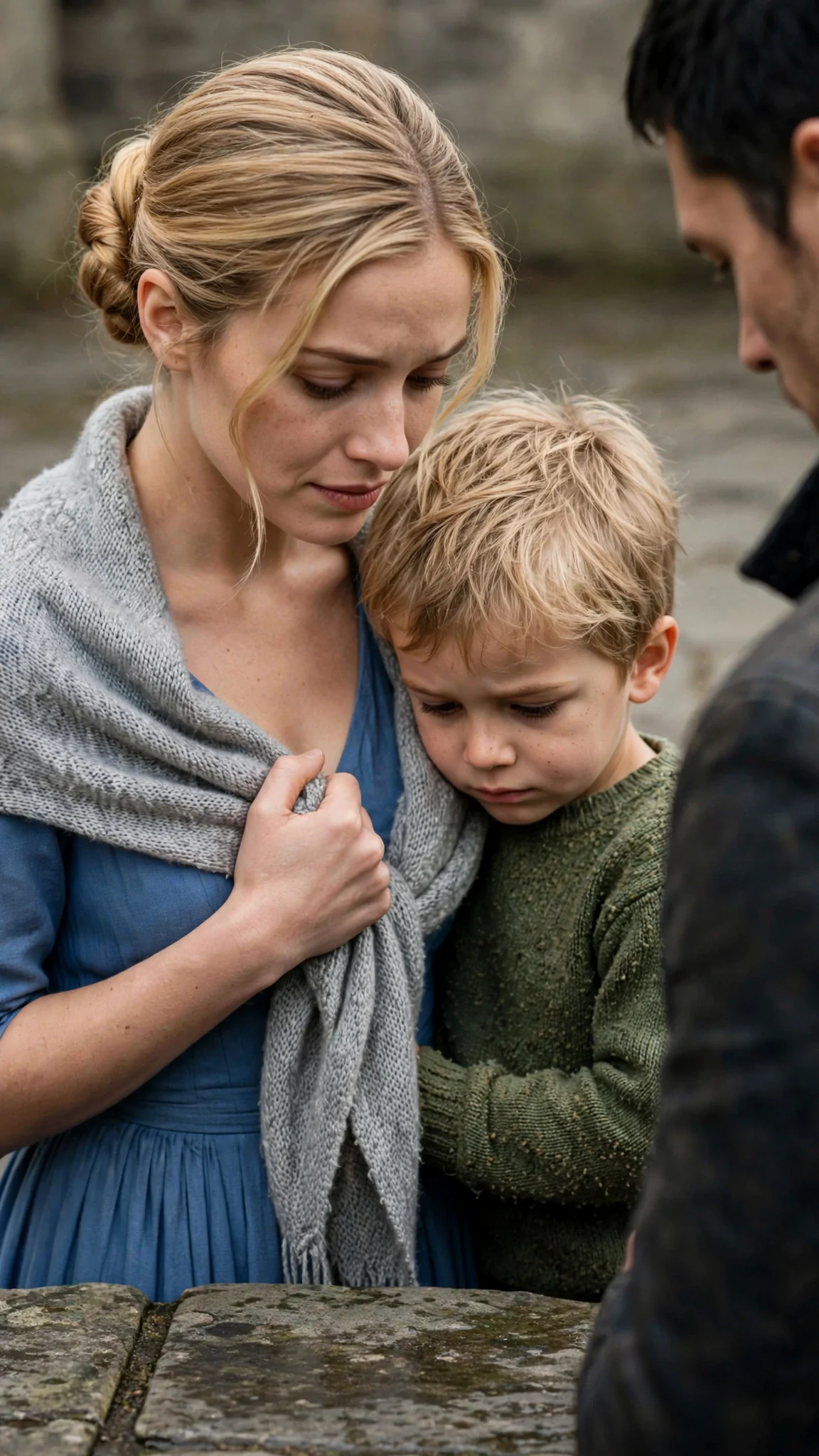 The blonde woman looks at the floor with pity, holding her son close.