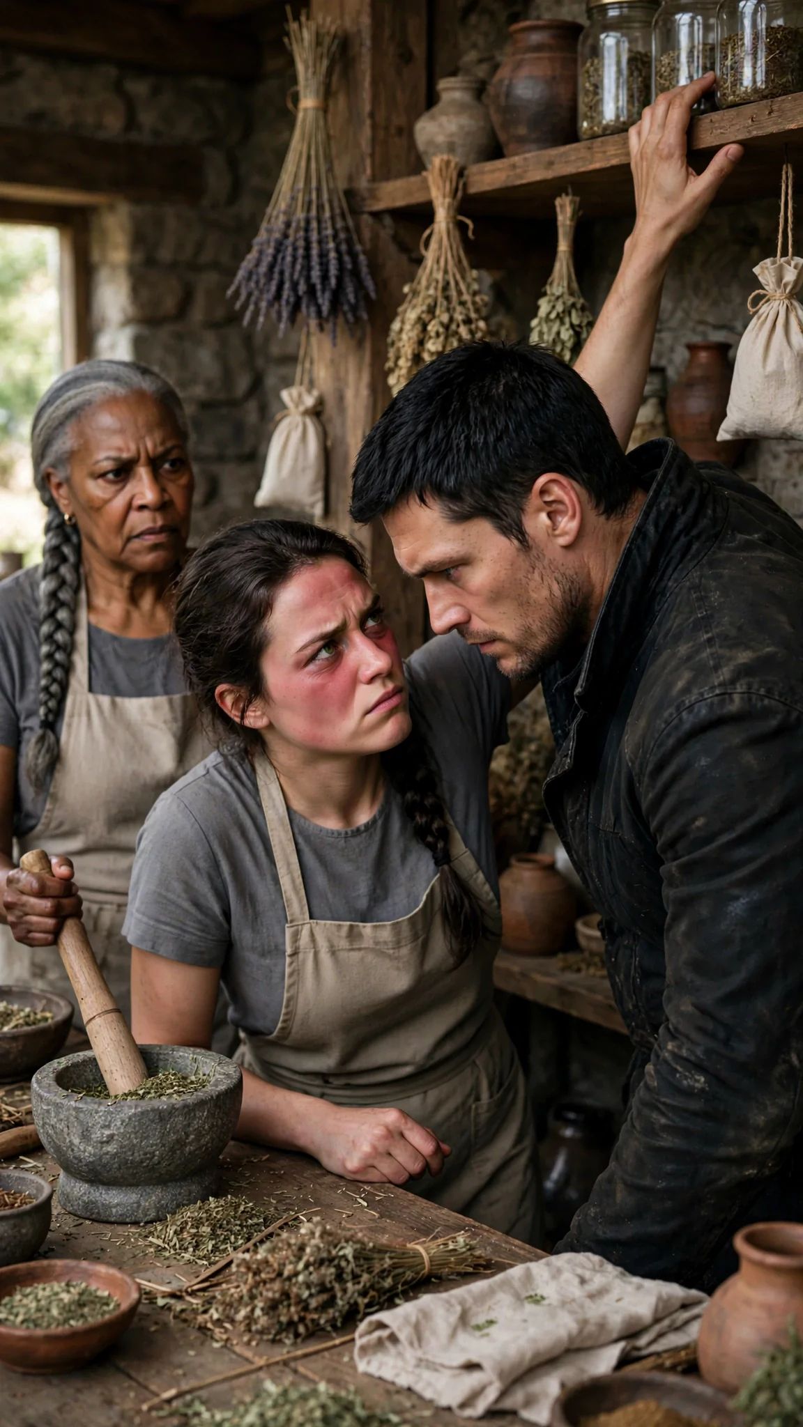 The Alpha looms over the young woman, and the older healer freezes.