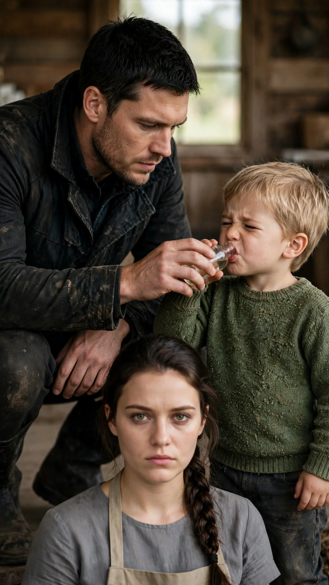 The Alpha hands the bottle down to the small boy while the young woman stands with empty hands.