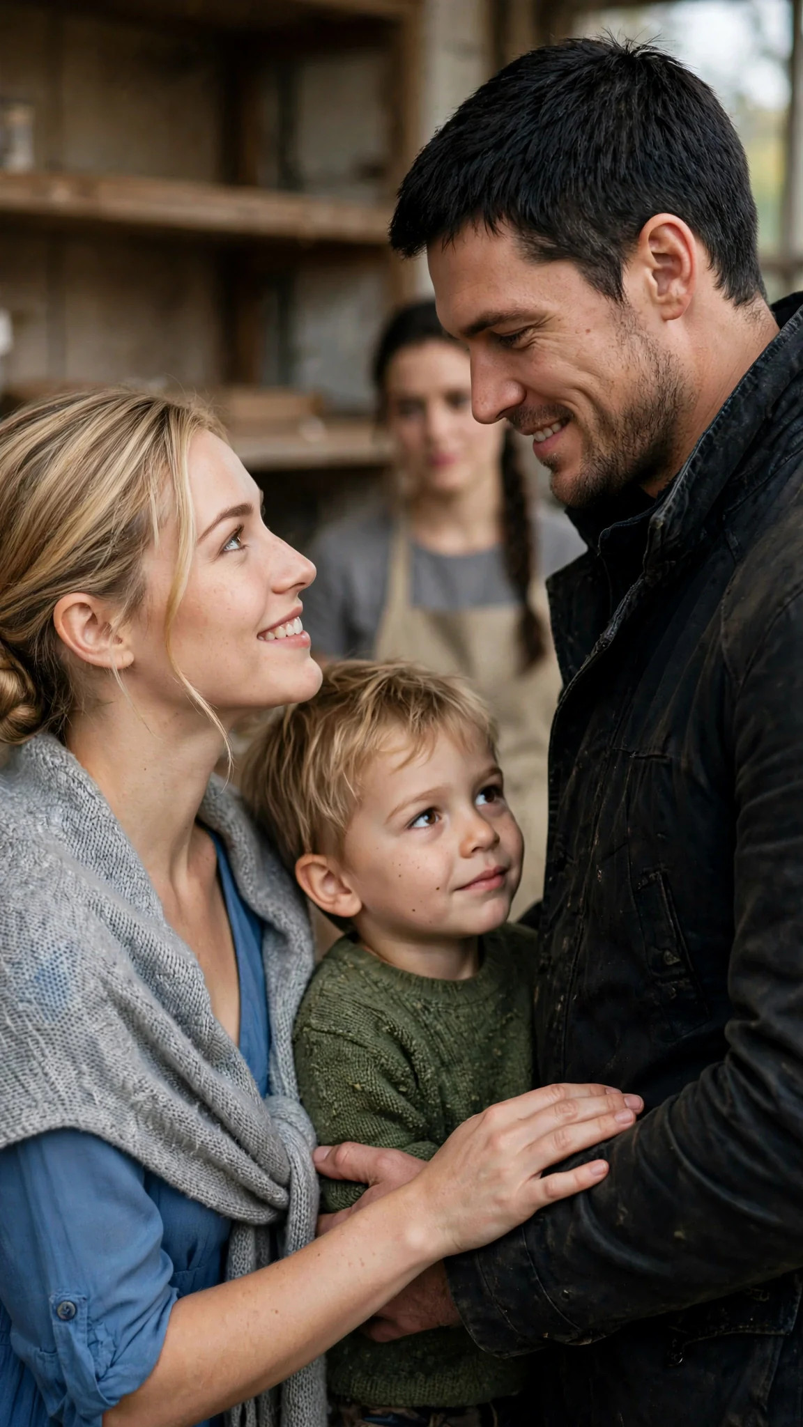 The blonde woman touches the Alpha's arm and thanks him, and he softens for her.