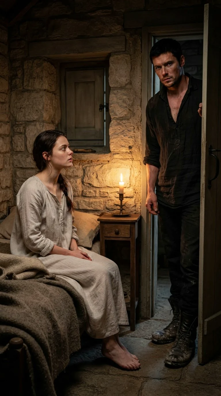 The Alpha appears in the doorway of her small room at night while she braids her hair.