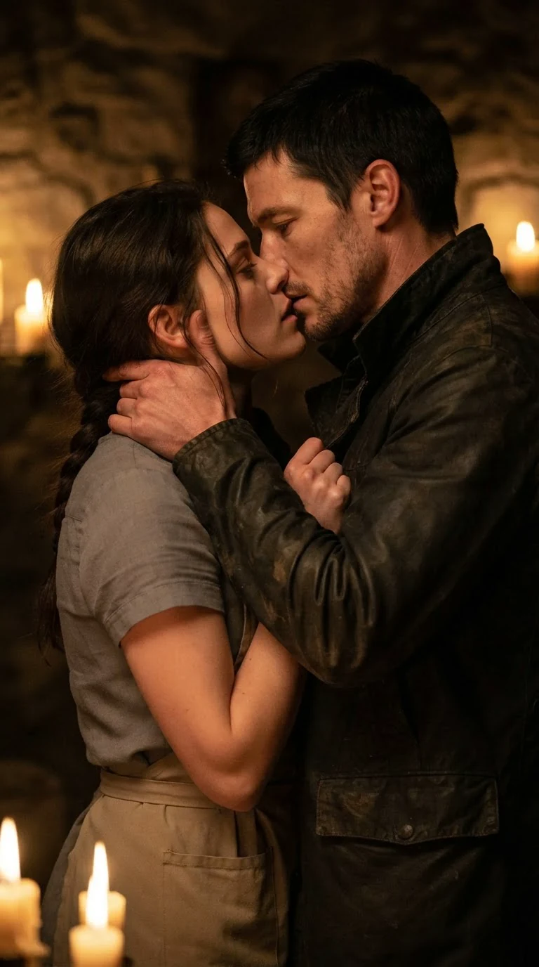 He kisses her hard with a hand at the back of her neck and she kisses him back.