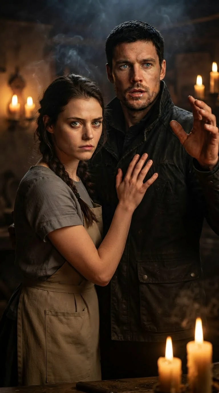 She pushes both hands flat against his chest, her face gone cold.