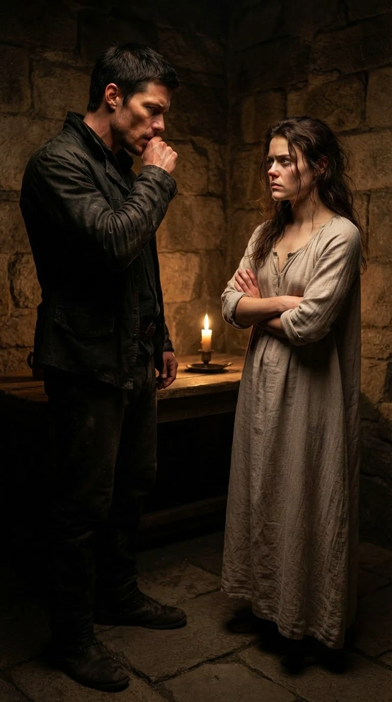 He steps back, annoyed, while she stands rigid with her arms wrapped around herself.