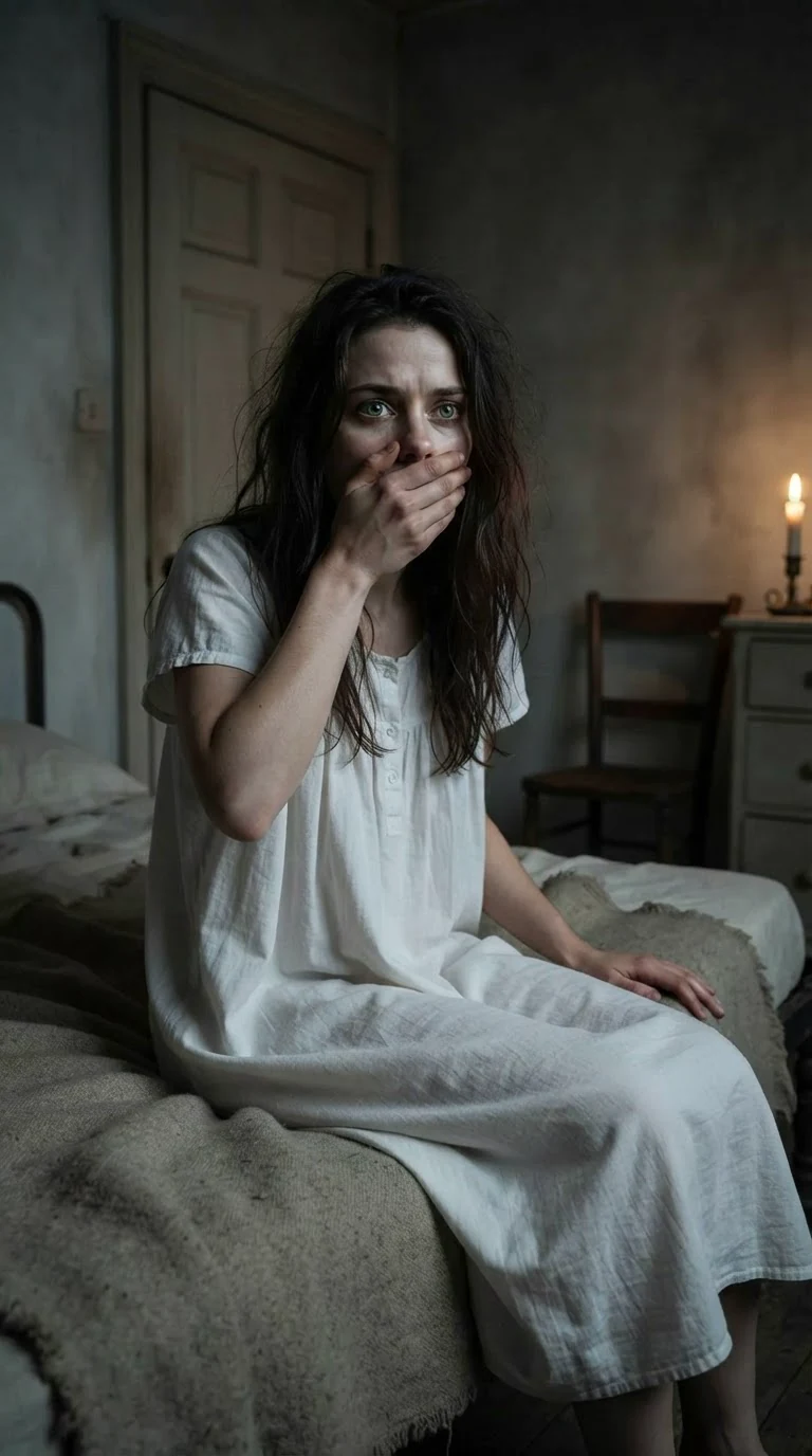 She sits alone on the bed with her hand pressed over her mouth.