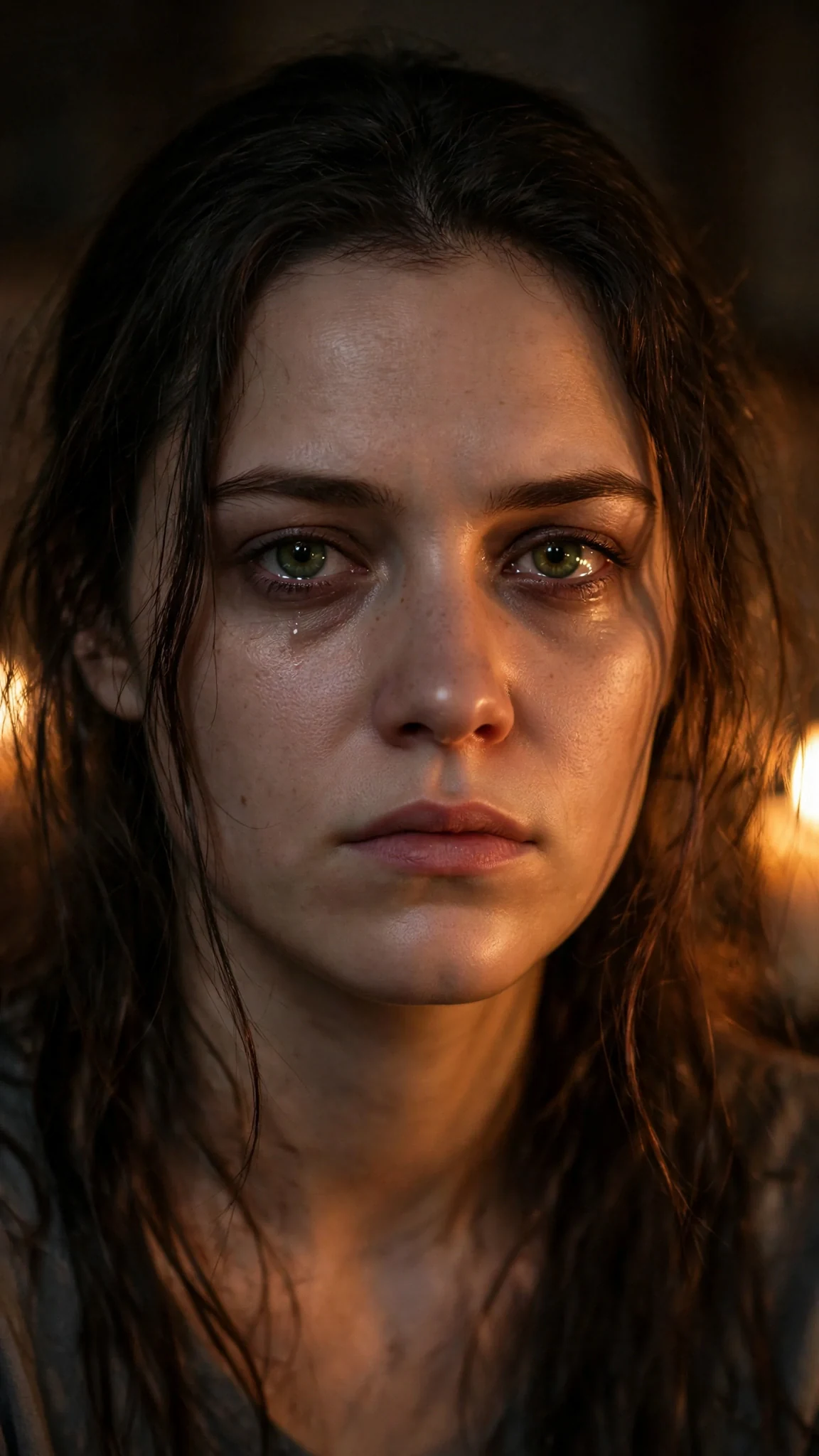 A close shot of her face in candlelight, eyes wet but her jaw set hard.