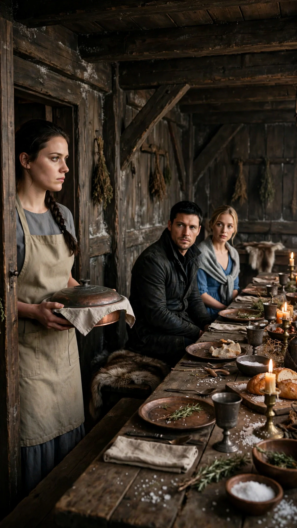 Avery stands in the hall doorway holding a dish, staring at Rosalind in her seat at the Alpha's right hand.